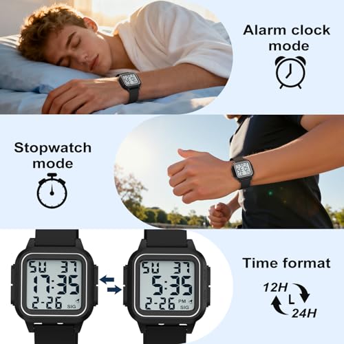 Thumbnail 5 de DTKID Adult Digital Watch, Square — 50M Waterproof, Easy Read, Black