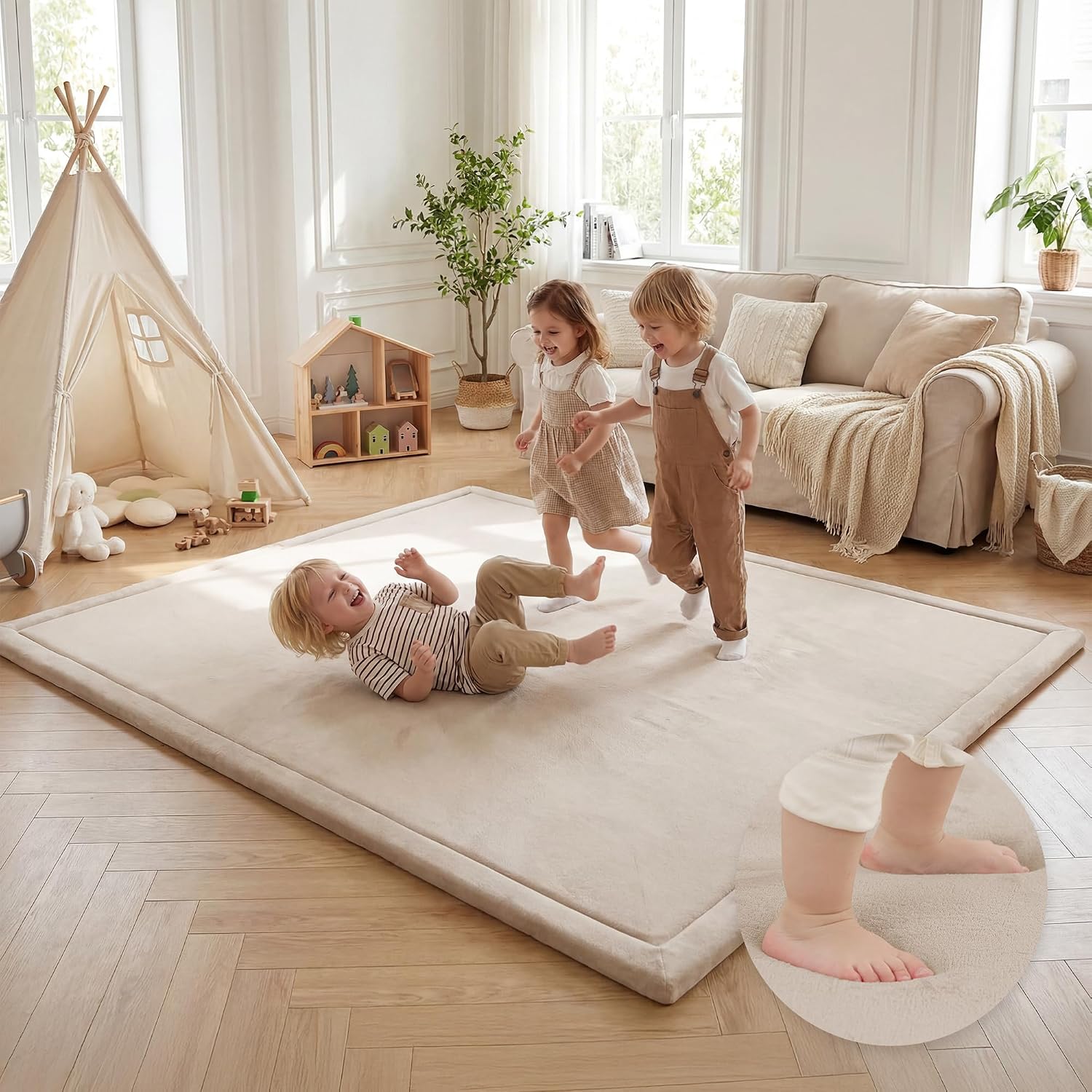Detalle de Huloo Sleep Extra Large Baby Play Mat, 79" x 118", Beige Coral Velvet