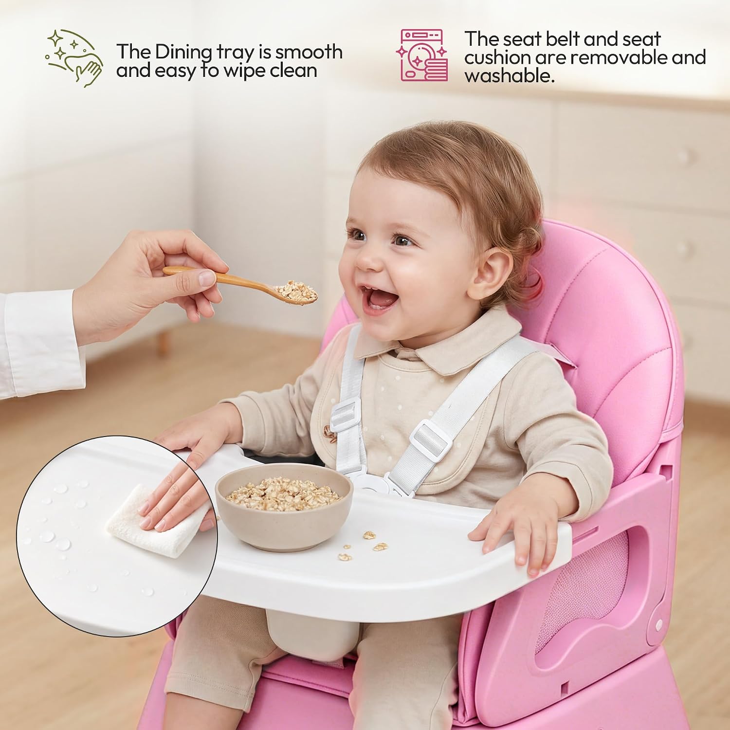 Detalle de BABHAMNESS 5-in-1 Foldable Baby High Chair with 5-Point Harness, Pink