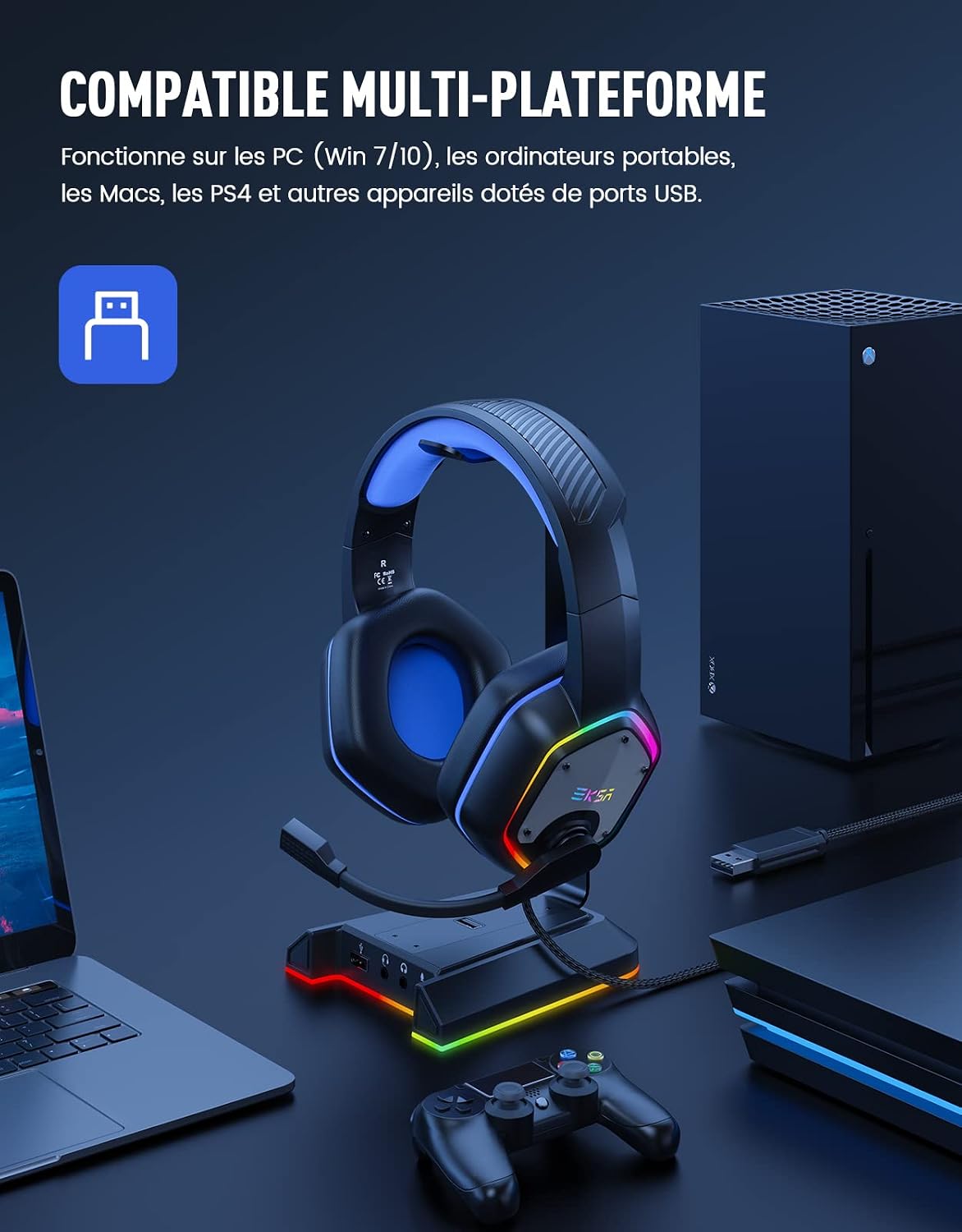 Detalle de EKSA E1000: Cuffie Gaming USB con Surround 7.1, RGB, Microfono e USB Plug & Play