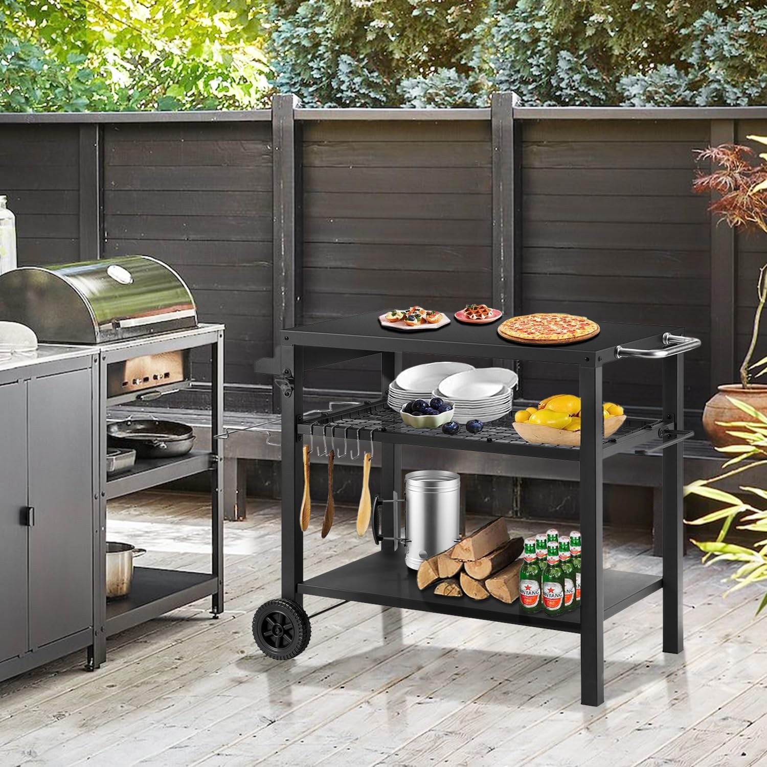 Detalle 2 de Kendane CA-21 3-Shelf Grill Cart with Utility Hooks and Wheels