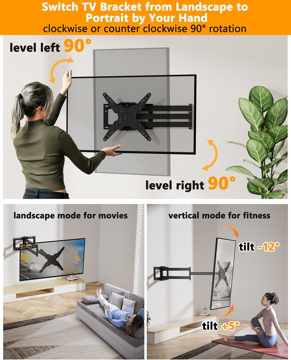 Detalle de WHYFONE Extra Long Arm TV Wall Mount 48" Extension, Rotating Full Motion for 26"-65" TVs (VESA 400x400mm, 110 lbs)