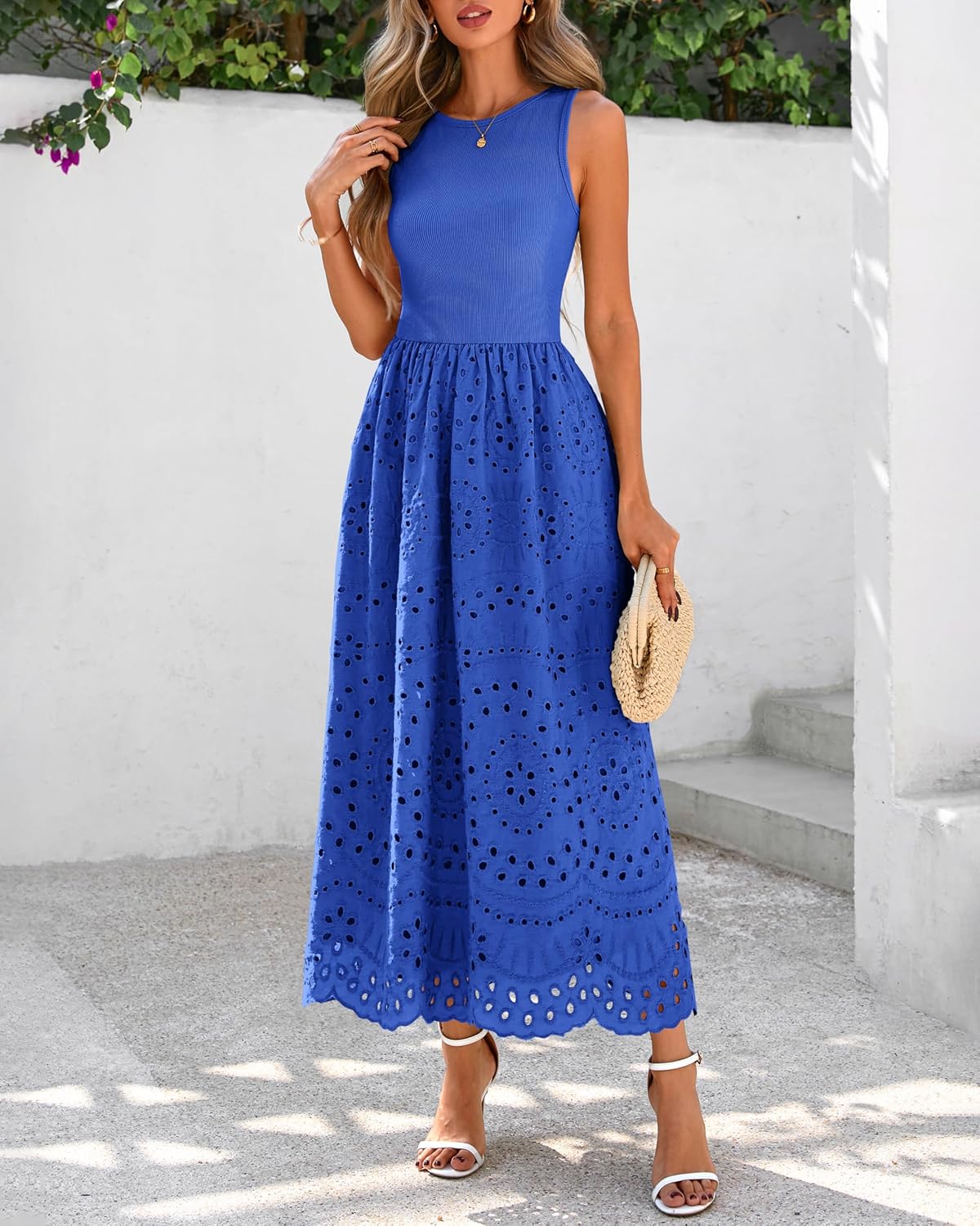 Thumbnail 5 de dowerme Women’s Boho Lace Eyelet Cotton Tank Maxi Dress with Pockets