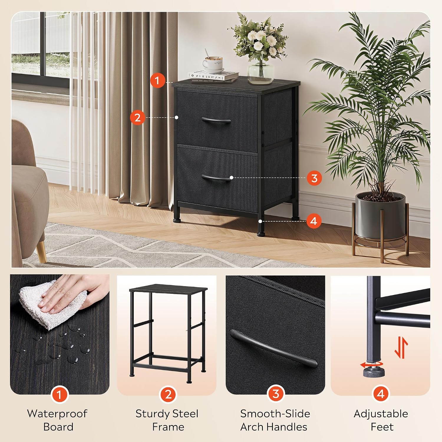 Thumbnail 5 de WLIVE Black Night Stand small dresser with 2 drawers ๐