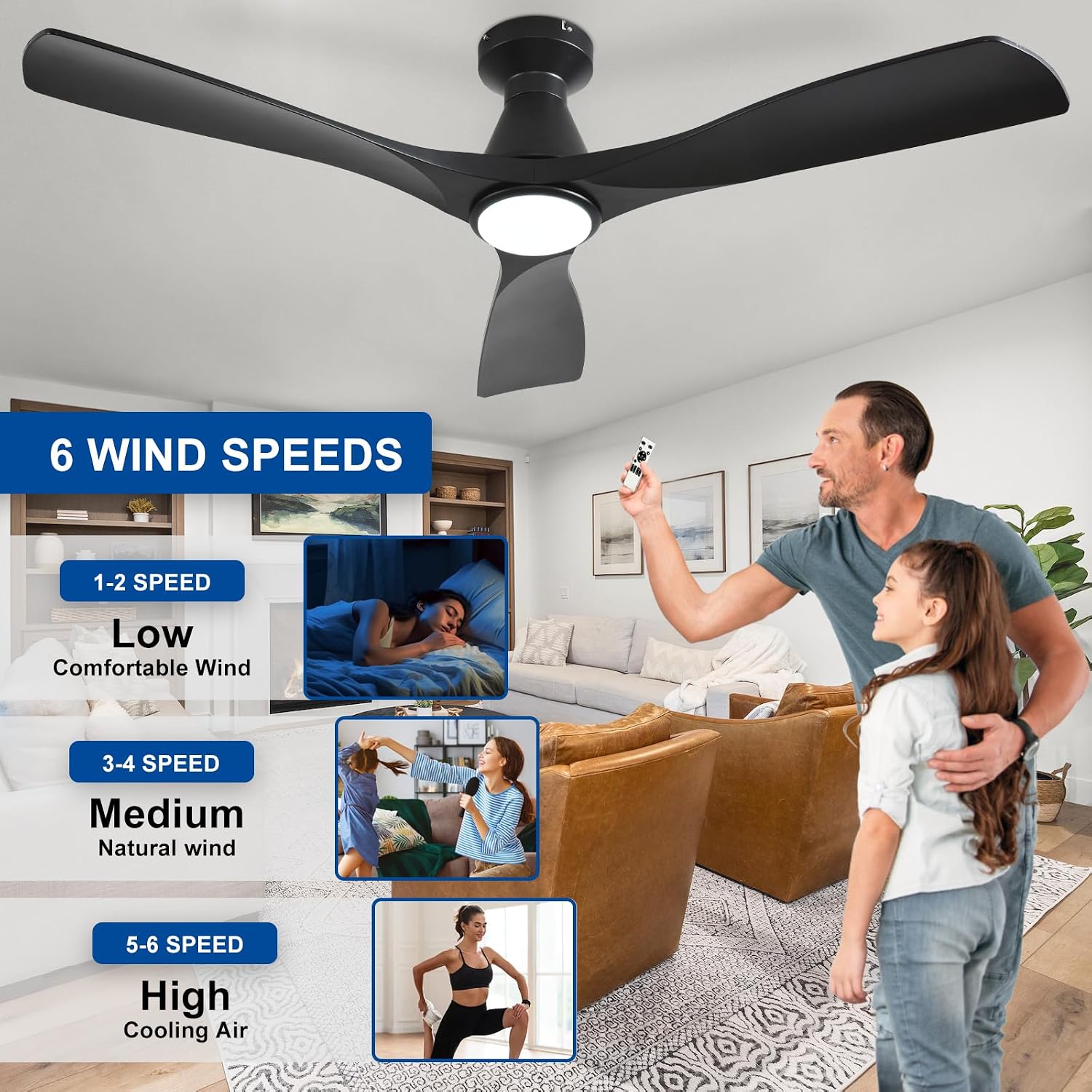 Detalle 2 de Depuley 52-Inch Flush Mount Ceiling Fan with Lights — Black 3-Blade, DC Motor, Remote