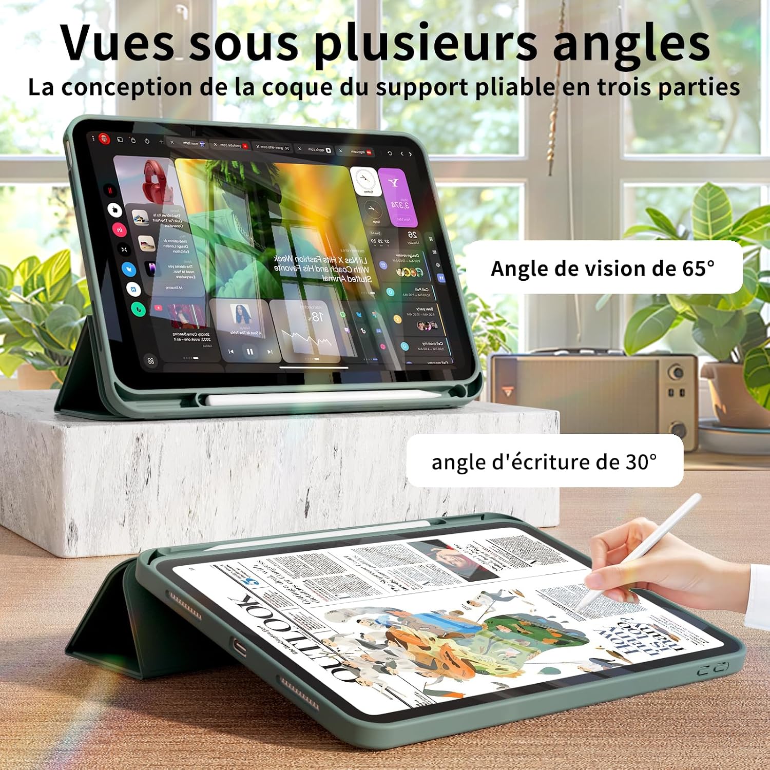 Detalle de Coque ZOPSGYU pour iPad Air 11 pouces (M4/M3/M2, Air 5/4) avec porte-stylet intégré et veille/réveil automatique – Vert foncé