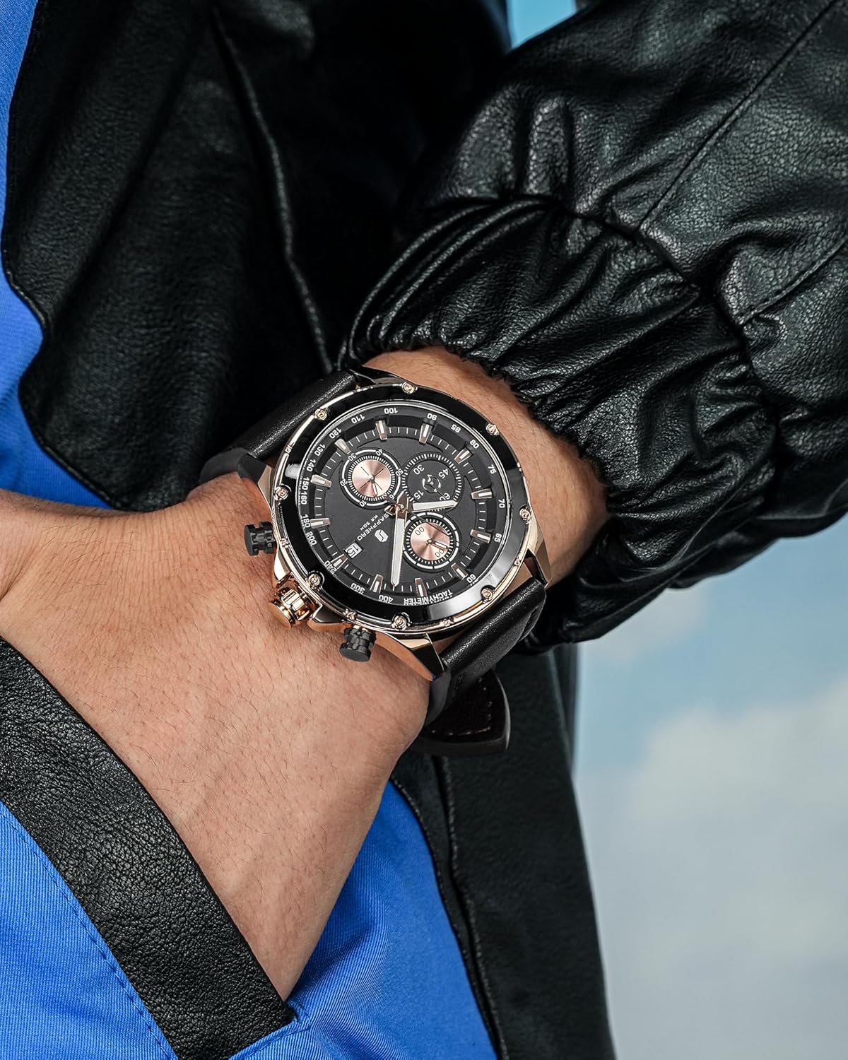 Detalle de BENYAR BY Herrenuhr – Chronograph, Lederarmband, Wasserdicht 30 m, QUARZ, 46 mm