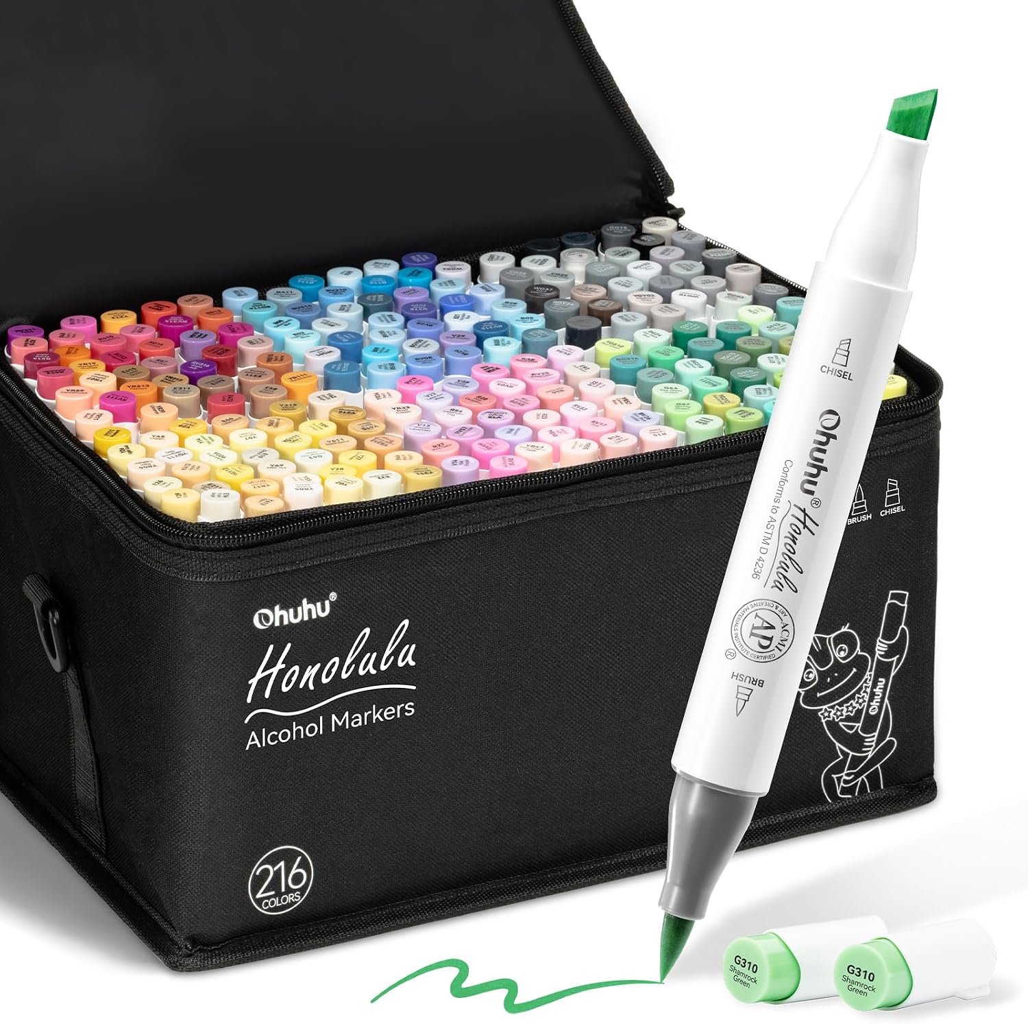Ohuhu kit de 216 marqueurs colorés à double pointe (pinceau + ciseau burin) pour coloriage, croquis et calligraphie
