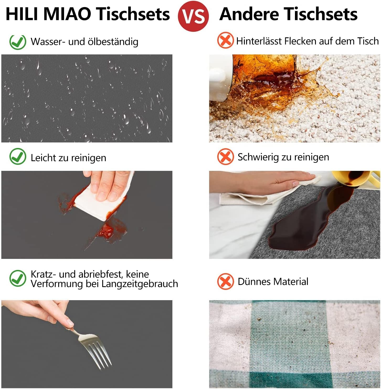 Detalle 2 de HELI MIAO abwischbare Tischsets aus PVC-Lederoptik inkl. Untersetzer (2er-Set), grasgrün & violett