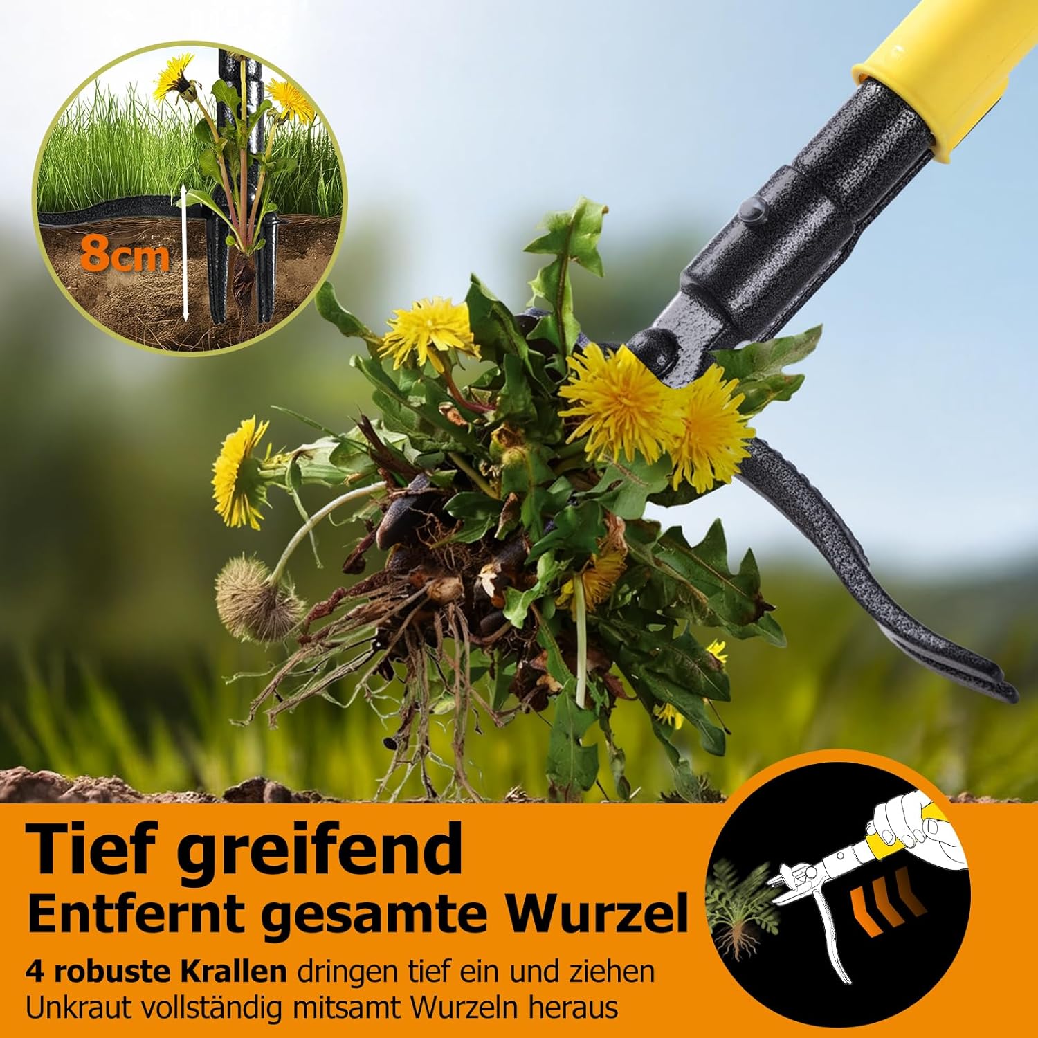 Detalle 2 de CJYMMFAN Unkrautstecher mit langem Stiel und Auswurfmechanismus – Stand-Up Unkrautentferner, 109 cm, 4-Teiliges Holzgriff-Setup