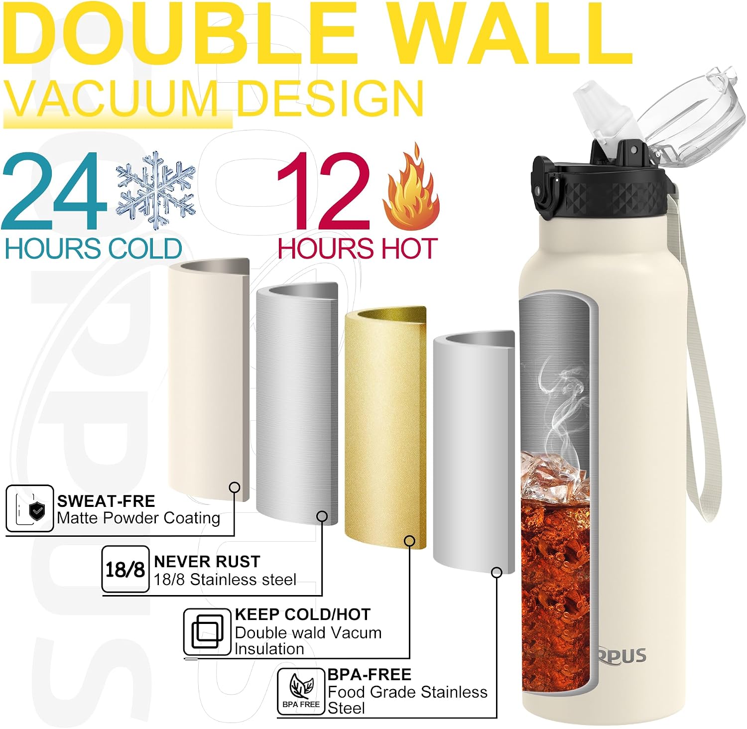 Detalle de GOPPUS 750ml Stainless Steel Water Bottle with Straw – Double Wall Vacuum Insulated, Leakproof Flip Top Lid, Strap