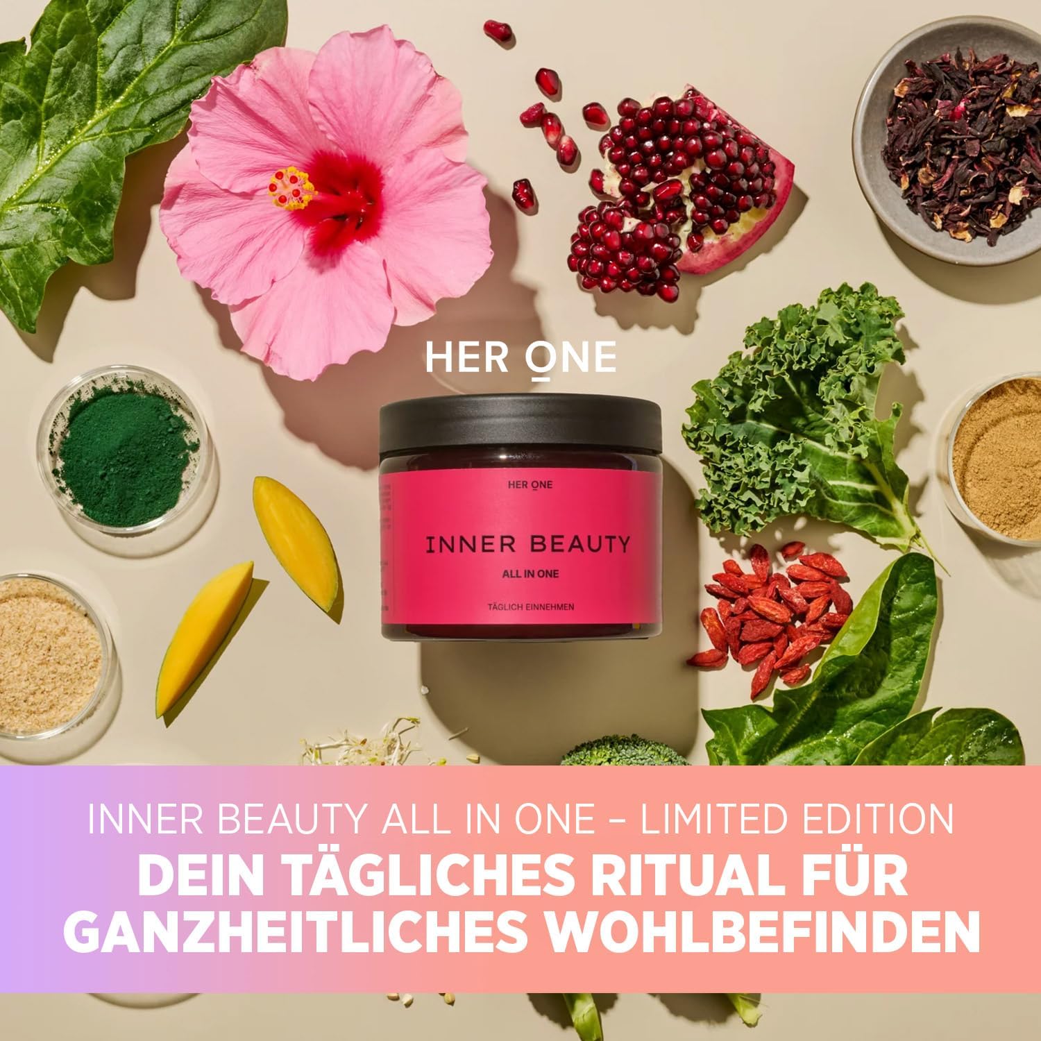 Detalle 2 de HER ONE INNER BEAUTY All in One Mango-Maracuja – Multivitamin & Mineralien für Frauen, 30 Portionen