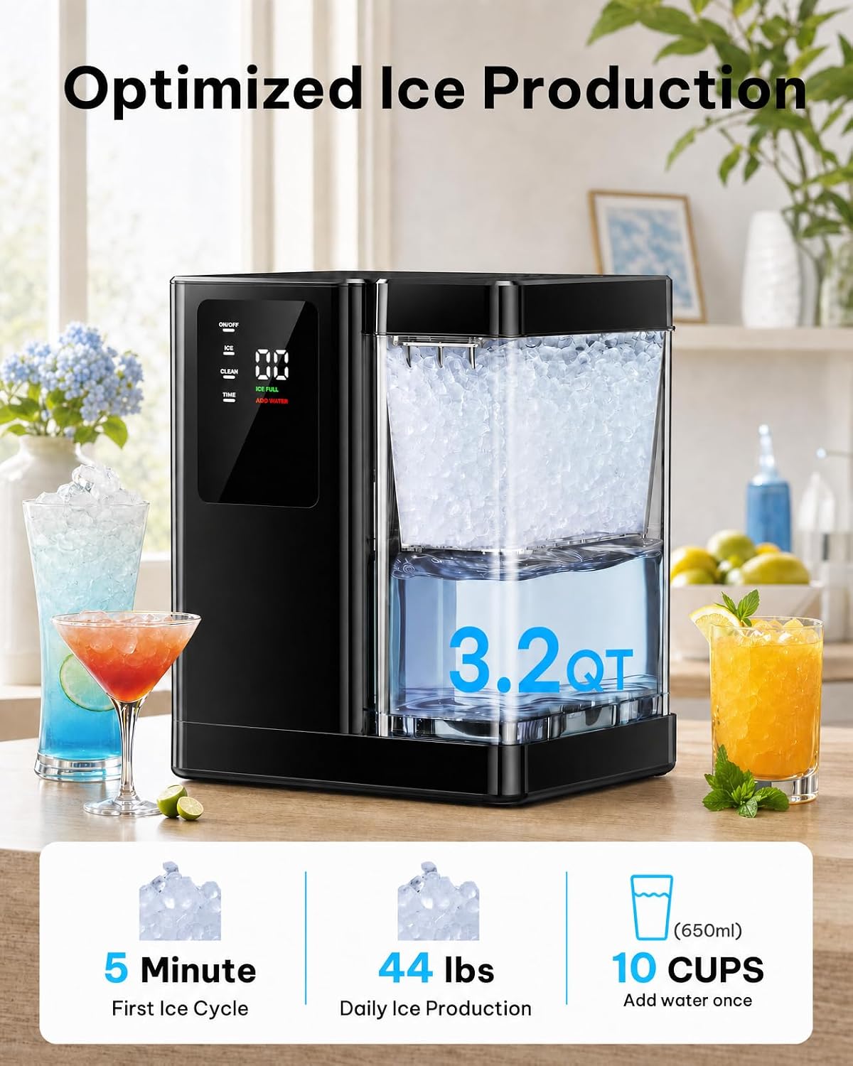 Detalle de Silonn SLIM43B-US Nugget Ice Maker with 3L Tank, Timer and Self-Cleaning
