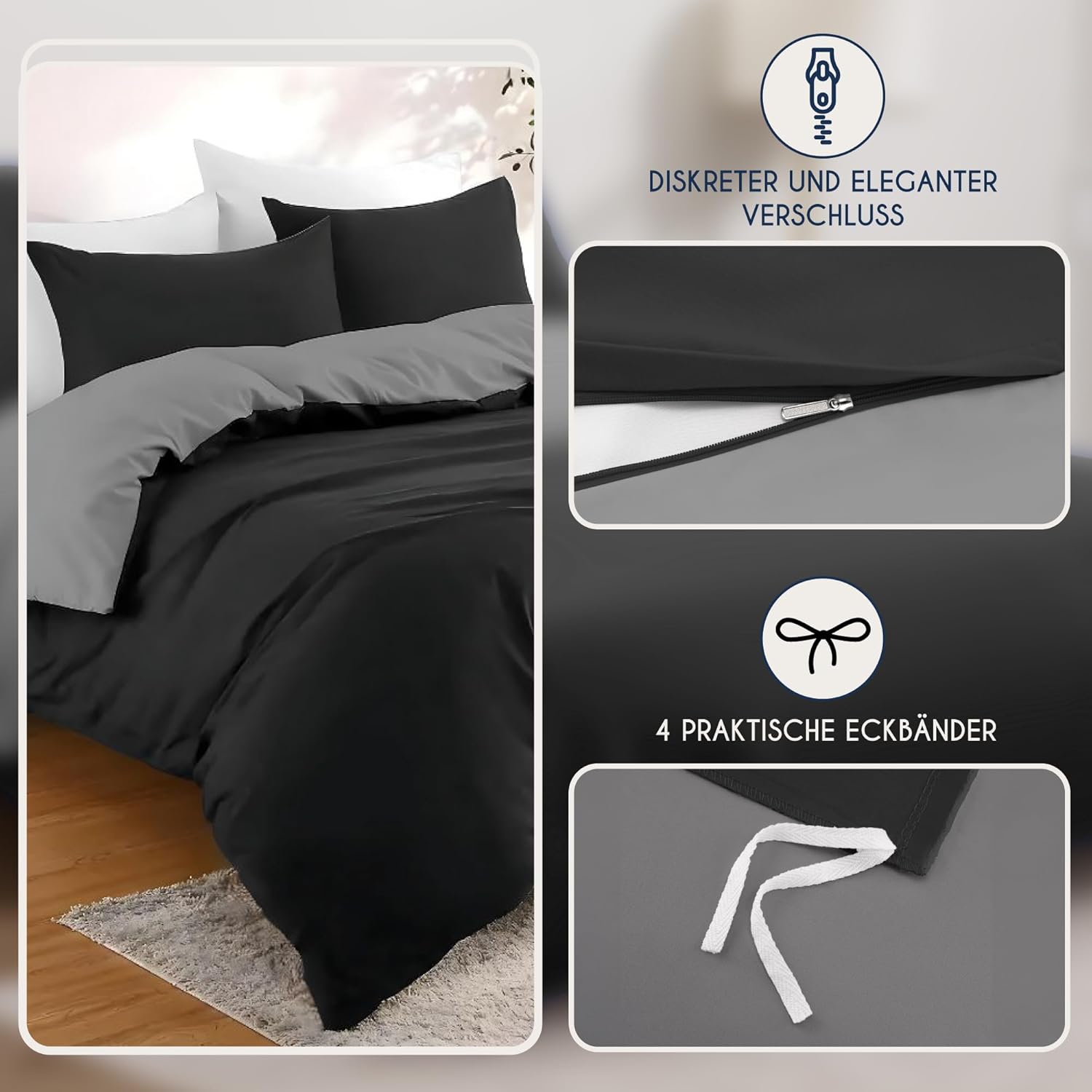 Thumbnail 2 de Dreamzie Bettwäsche-Set 155x220 cm (Schwarz/Dunkelgrau) mit 2 Kissenbezügen 80x80 cm aus 100% Mikrofaser