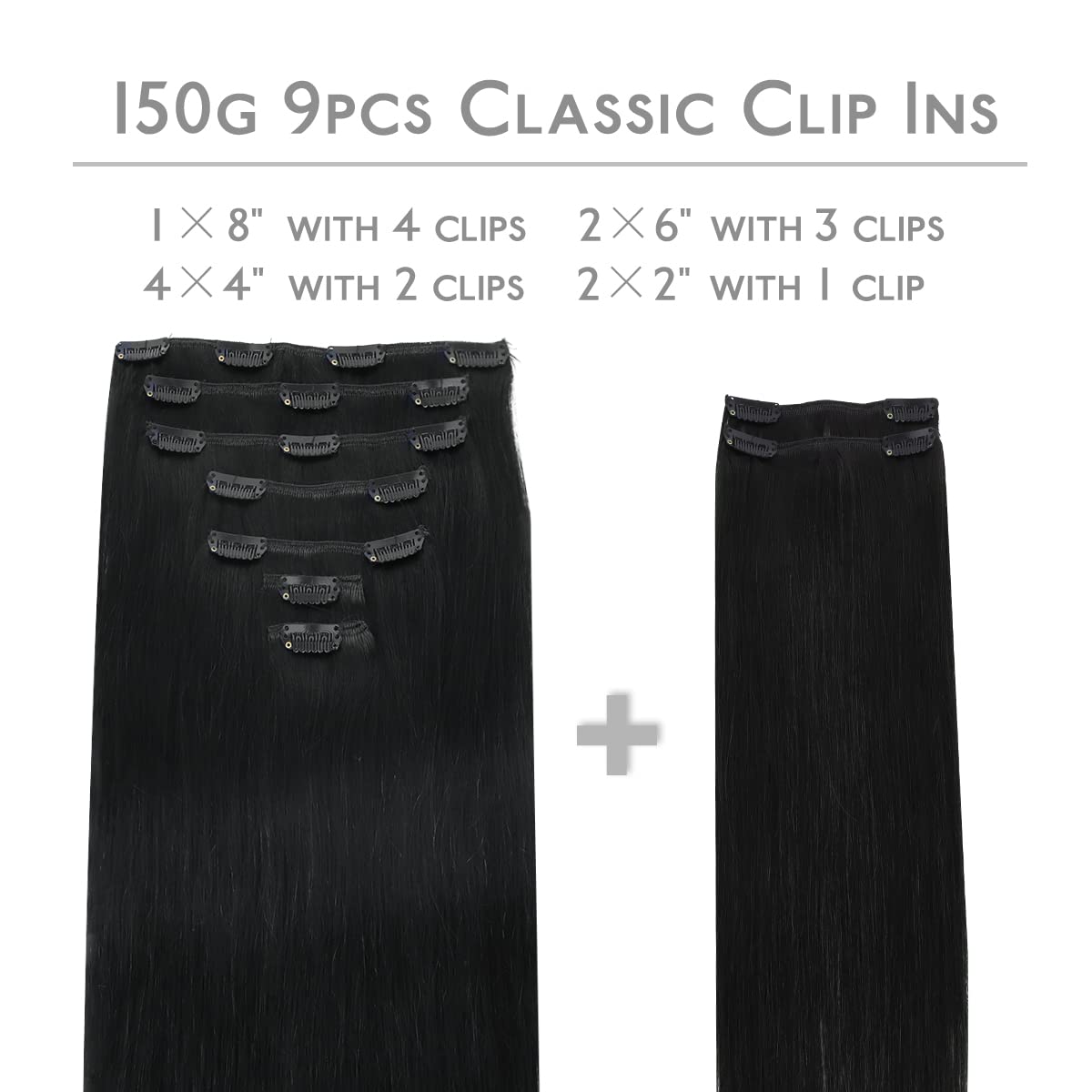 Thumbnail 1 de WENNALIFE 22-inch Clip-in Hair Extensions (Remy Human Hair) – Jet Black, 150g with Clips (9 pcs)