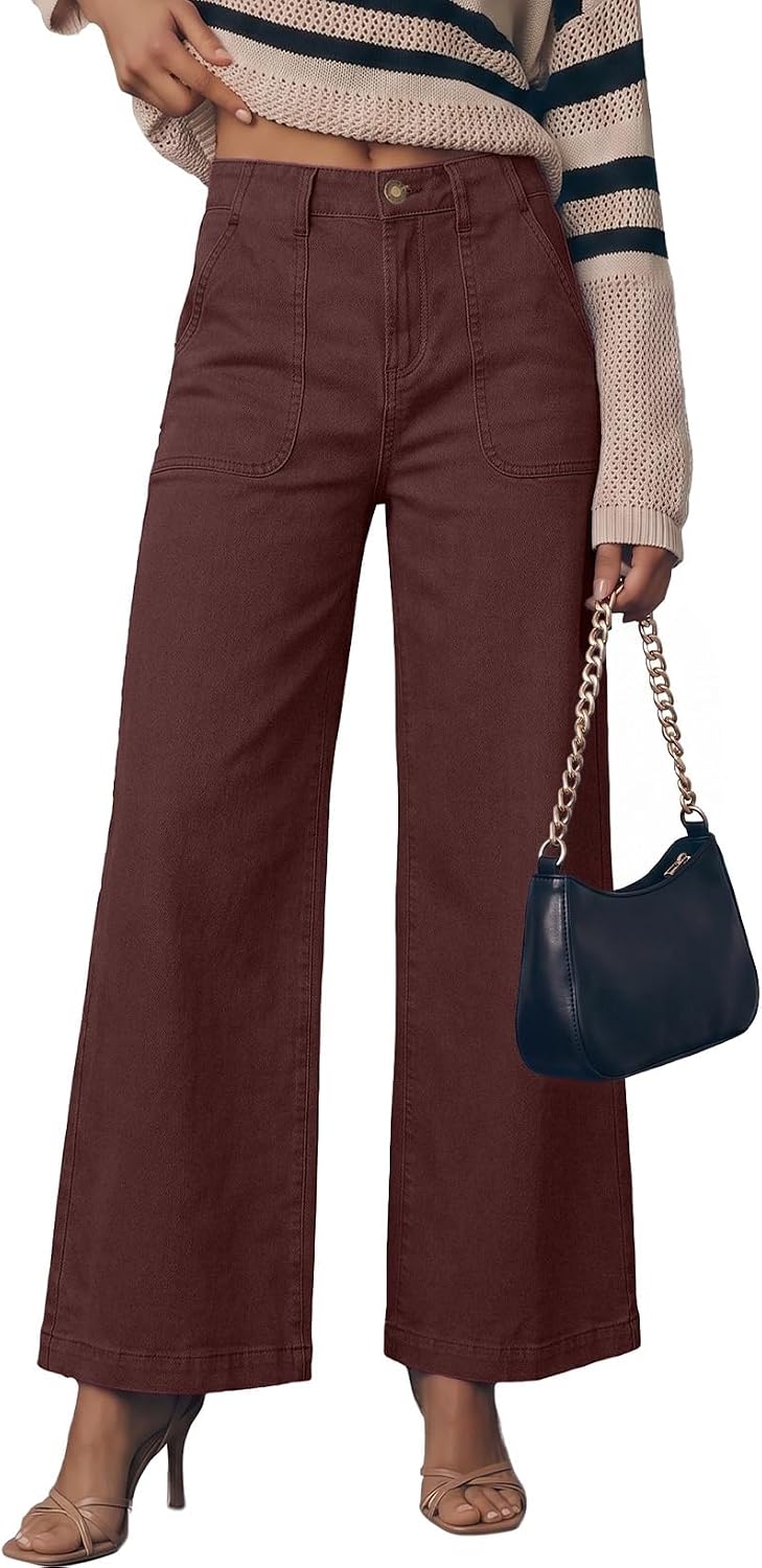 Detalle de Sidefeel Women's Wide Leg Jeans, High-Rise Stretch Denim with Front Pockets