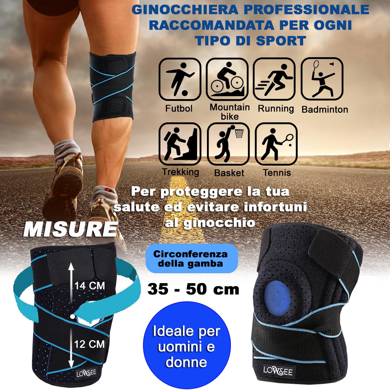 Detalle de LOW&EE Tutore Ginocchio con Stabilizzatori Laterali e Gel Pad – Ginocchiera ortopedica in neoprene, taglia unica