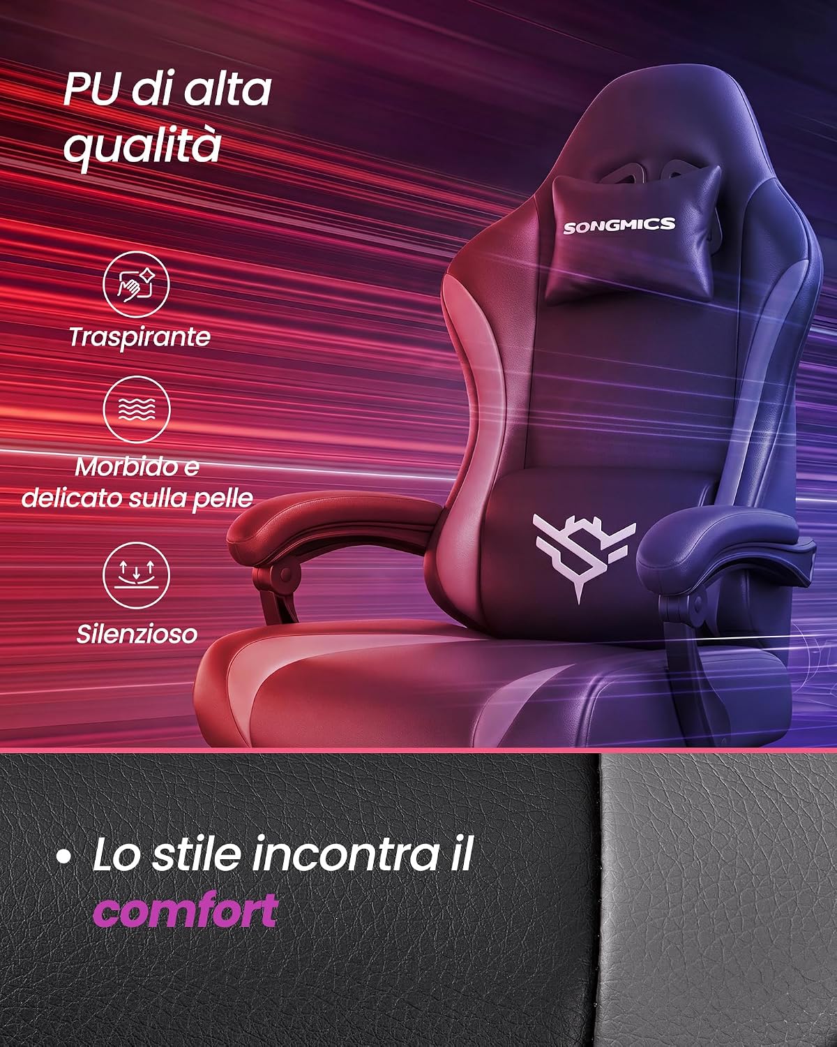 Thumbnail 3 de Sedia da Gaming in Pelle PU SONGMICS Cathy: ergonomia e comfort con poggiapiedi e supporto lombare