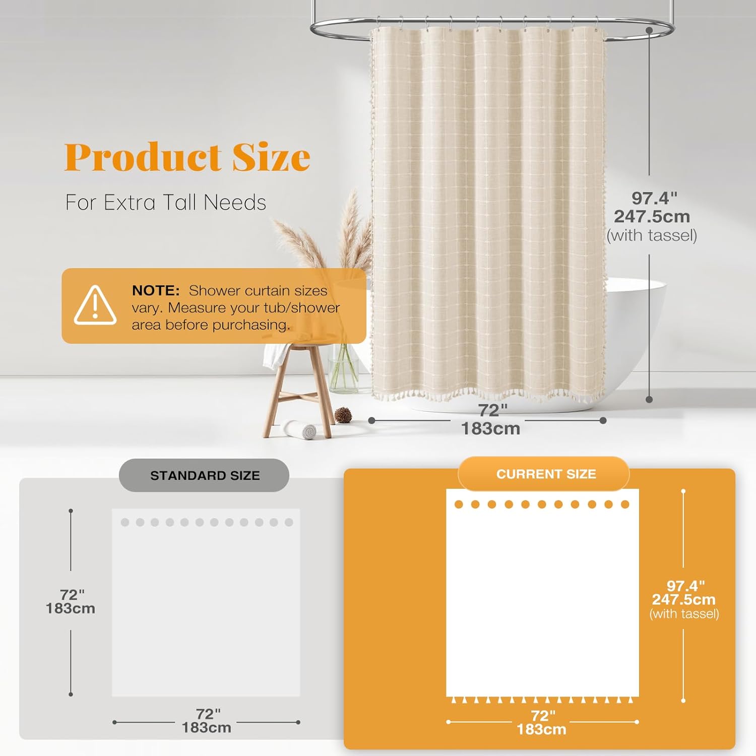 Thumbnail 2 de BTTN Extra Long Boho Linen Blend Shower Curtain (72x96 Inch) with Plastic Hooks – Cream/Beige