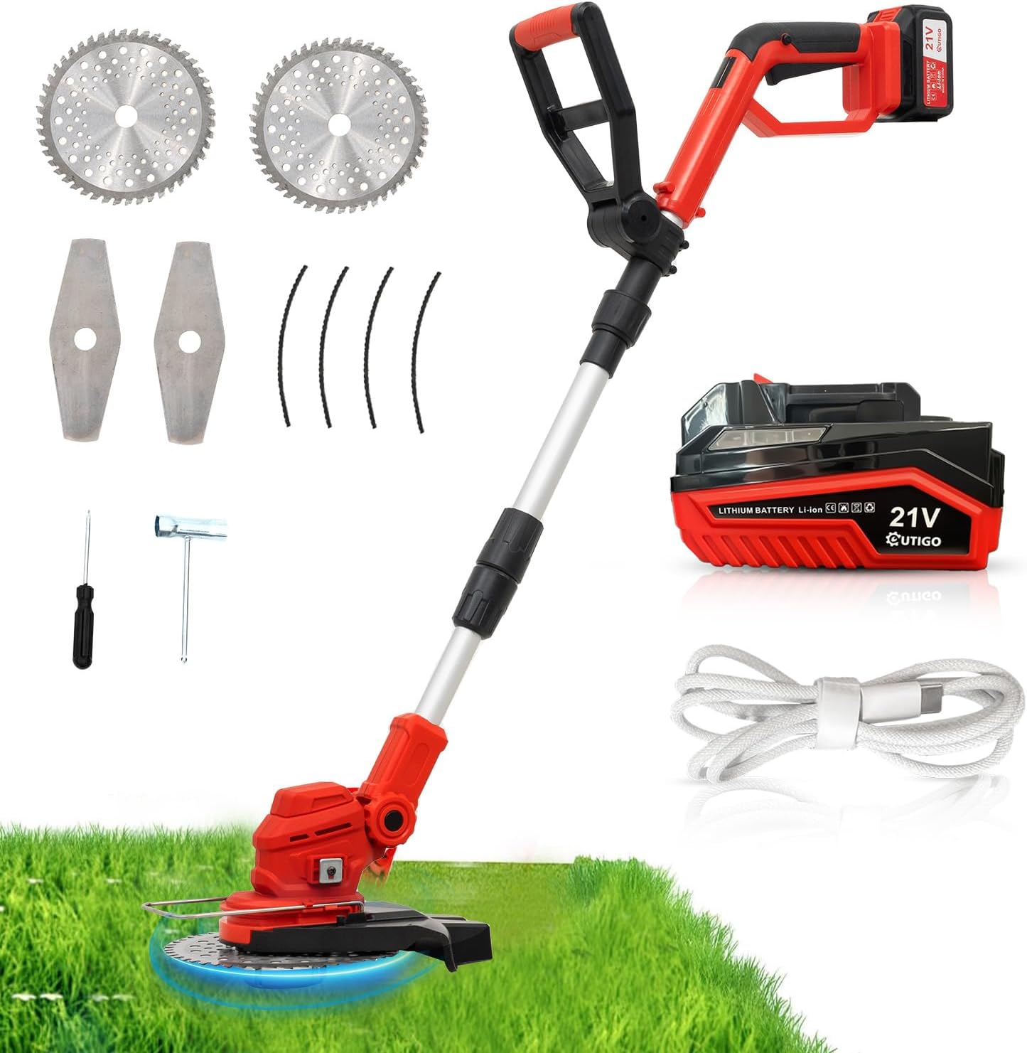 Detalle de Rasaerba elettrico a batteria Decespugliatore 21V 4Ah con lama circolare/quadrata, testata regolabile e ruote