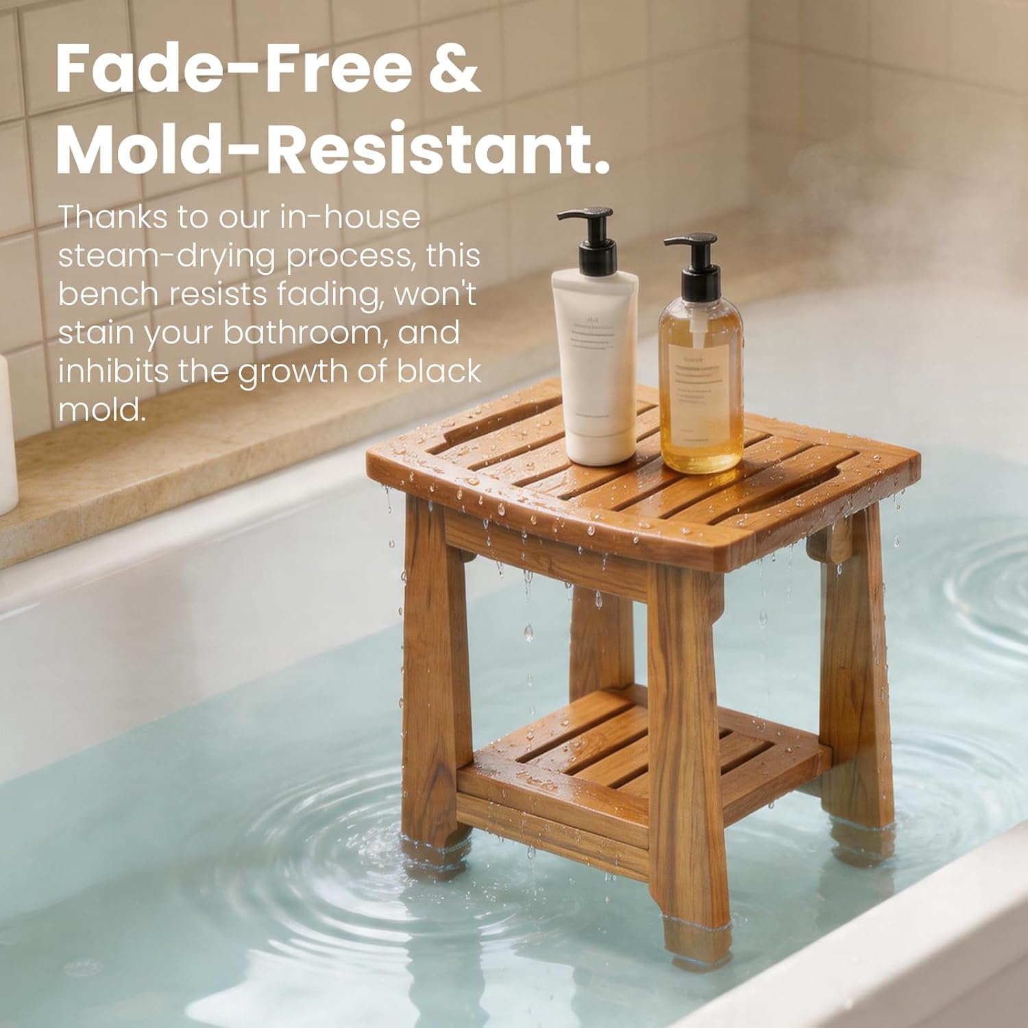 Thumbnail 2 de NNN 14" Compact Teak Shower Stool with Shelf & Handle (300 lbs)