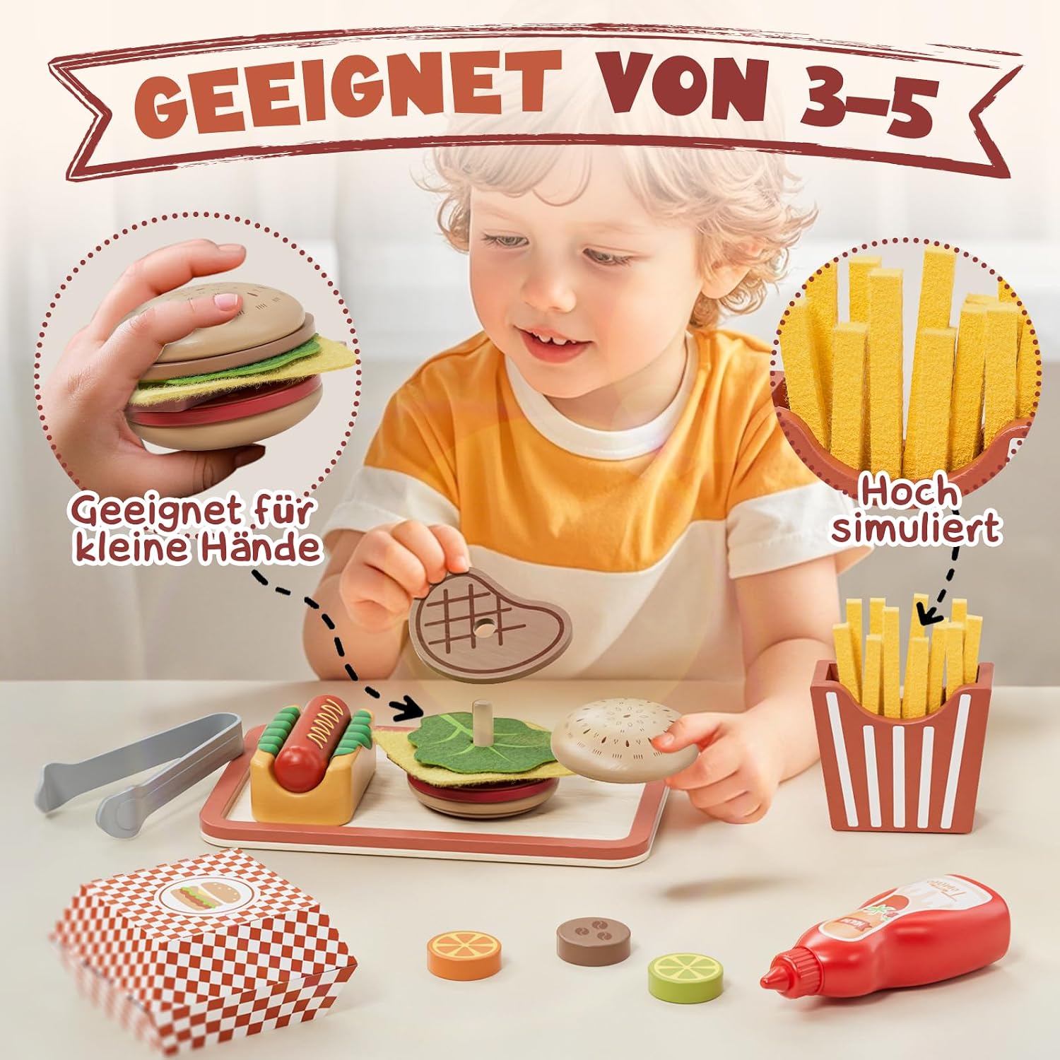 Detalle de Lehoo Castle Holz-Kaufladen-Zubehör: Burgermarkt-Set für Spielküche – Holzspielzeug ab 3 Jahren