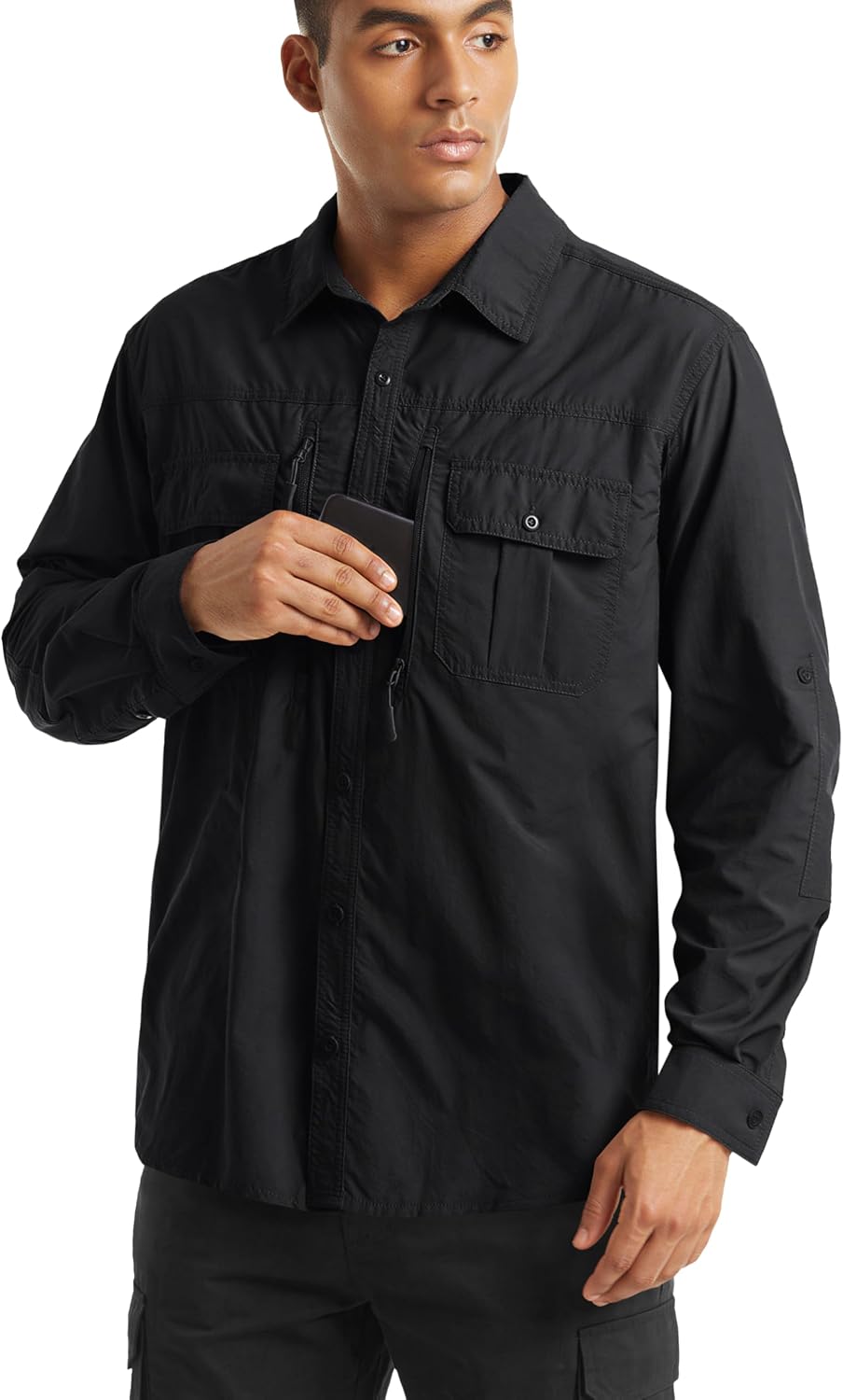 Detalle de TACVASEN Men's Tactical Button Shirt, Quick-Dry, UV Protection, Long Sleeve