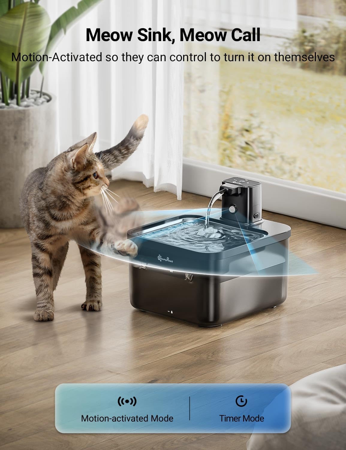 Detalle de DownyPaws Wireless Cat Water Fountain – 2.5L, Battery-Operated, Motion Sensor & Stainless Steel Tray
