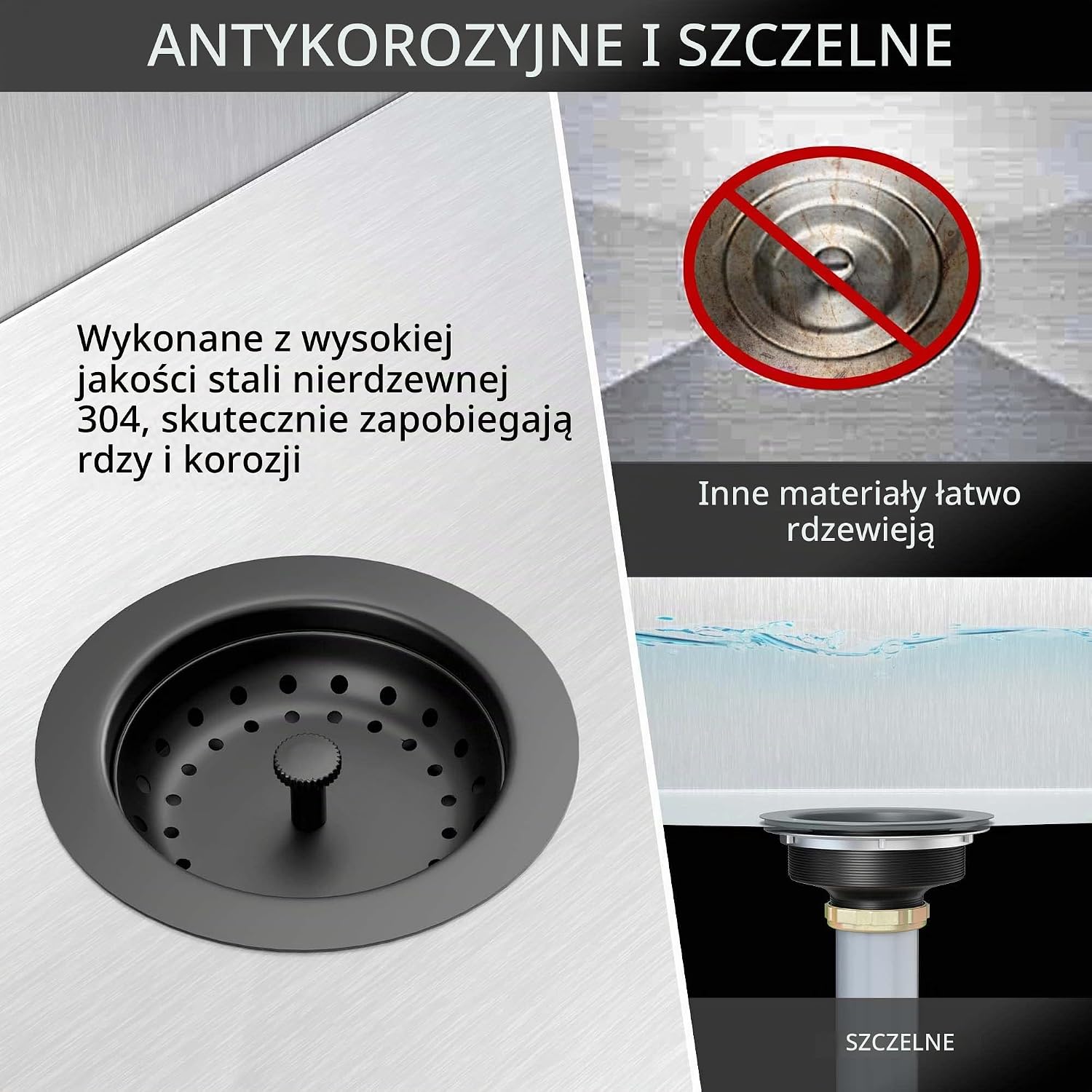 Detalle de EXAKEY odpływ do zlewu kuchennego, stal 304, matowa czerń i wyjmowany koszyk