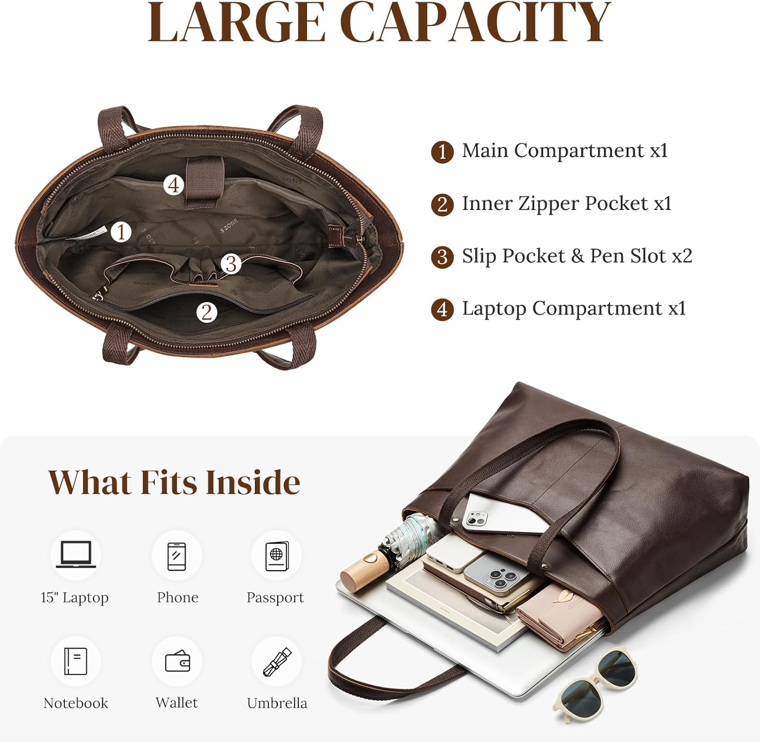 Thumbnail 3 de S-ZONE Genuine Leather Tote Bag for Women – Versatile Work & Travel Companion