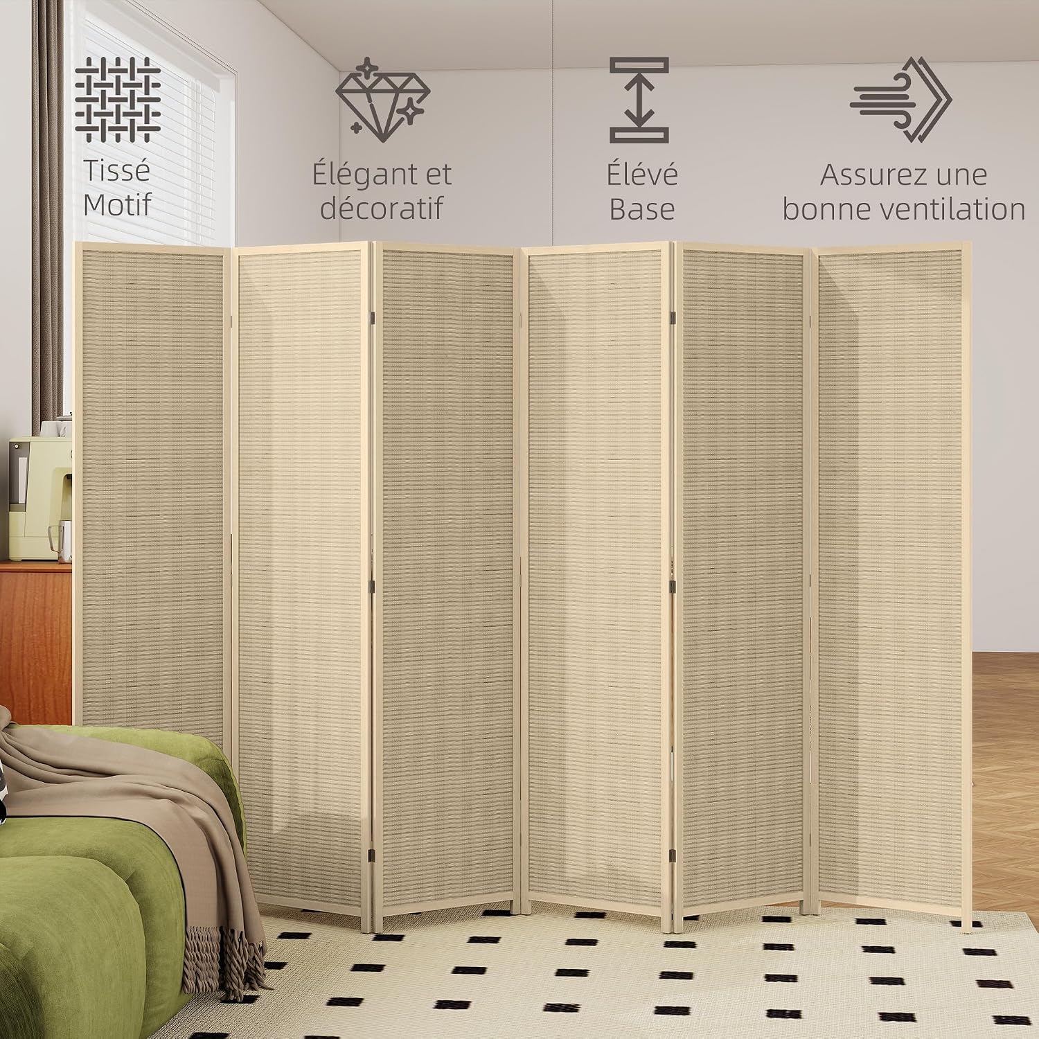 Detalle de Paravent intérieur HOMCOM en bois 6 panneaux — 270 x 180 cm, séparateur de pièce pliable