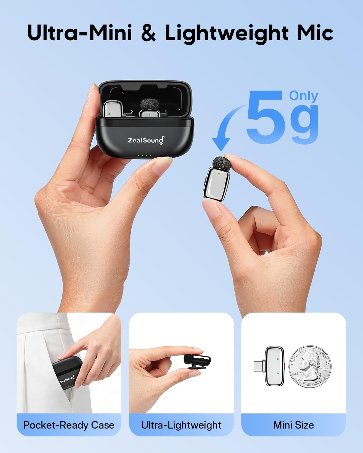 Detalle de ZealSound M6 Mini Wireless Lavalier Microphone with Dual Mics and Noise Reduction