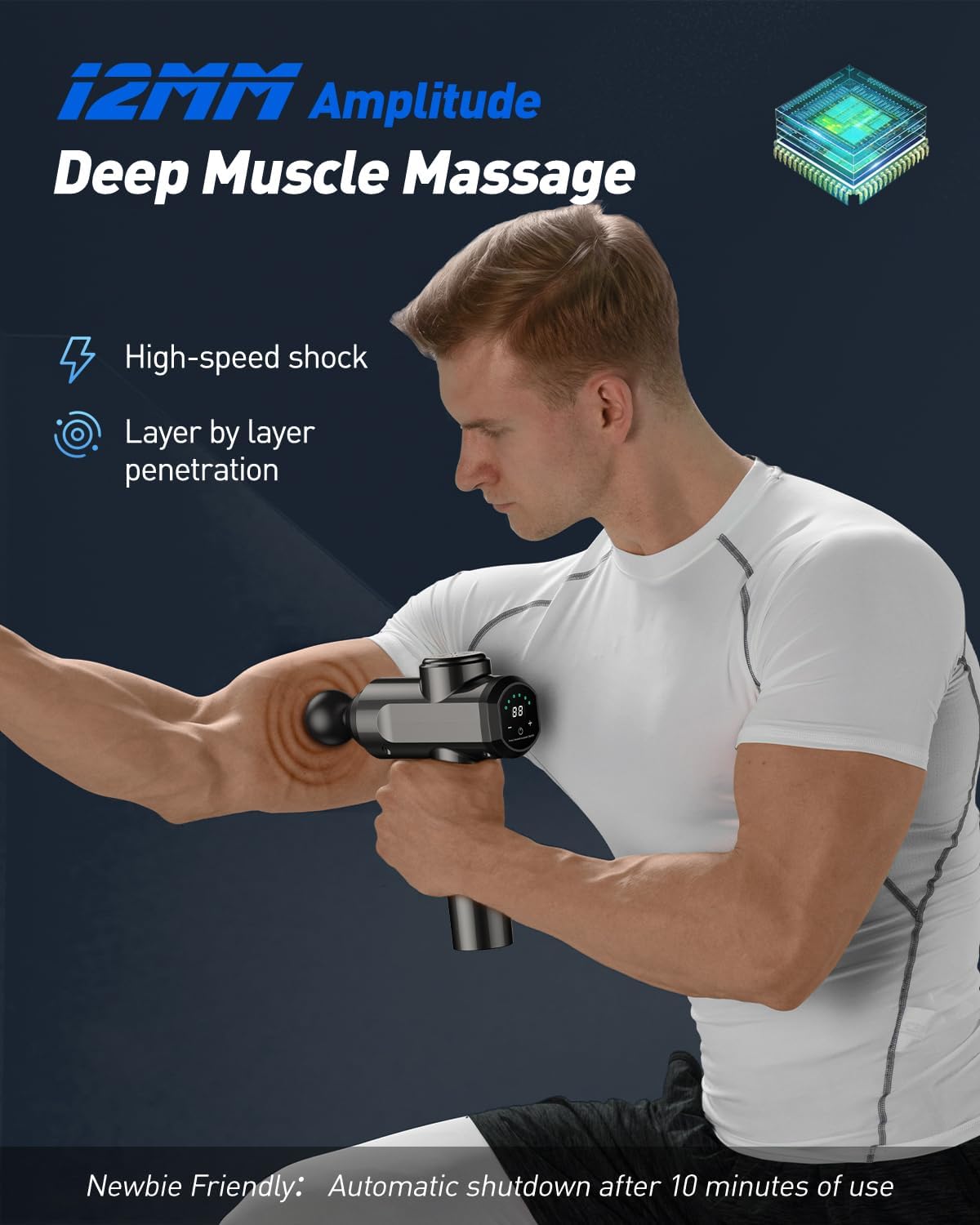 Detalle 2 de Pistola Massaggio Muscolare Professionale a 30 Velocità con 6 Testine, 12 mm, 45dB, LCD Touch – Ideale per Sportivi e Fitness