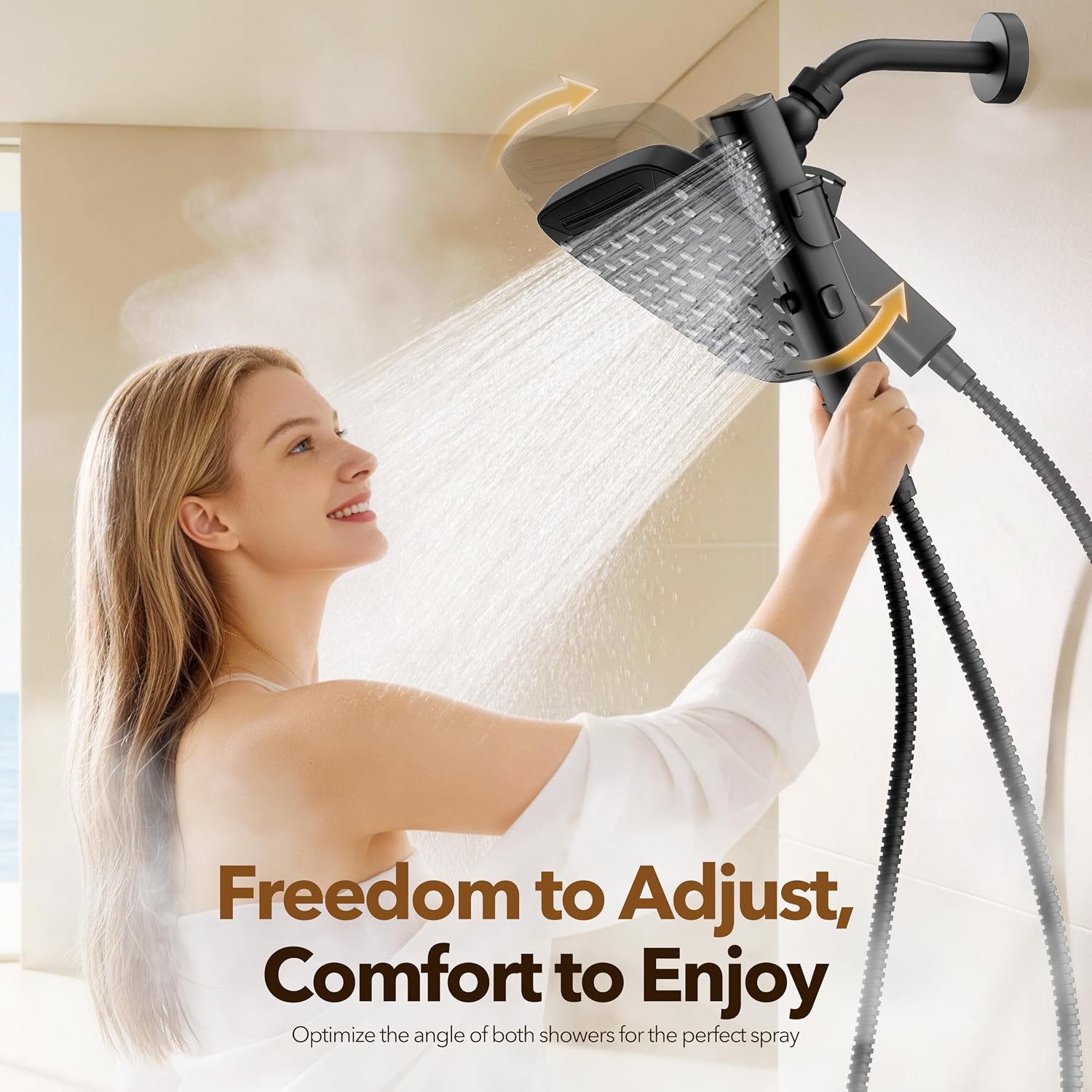 Detalle de JDO Z16002-MB Dual Shower Head Combo, 10-Inch Rainfall, 7 Modes, Matte Black