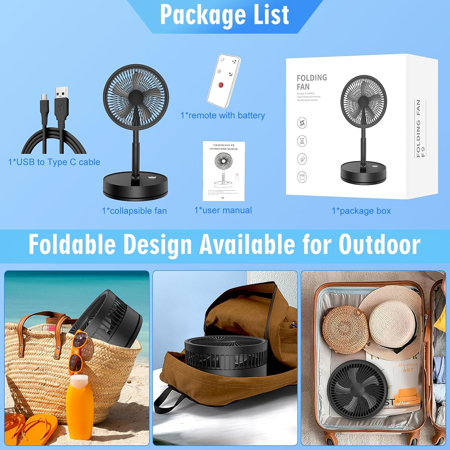 Thumbnail 6 de Portable Oscillating Standing Pedestal Fan with Remote – 8.6 inch, 8000mAh Battery, USB Powered