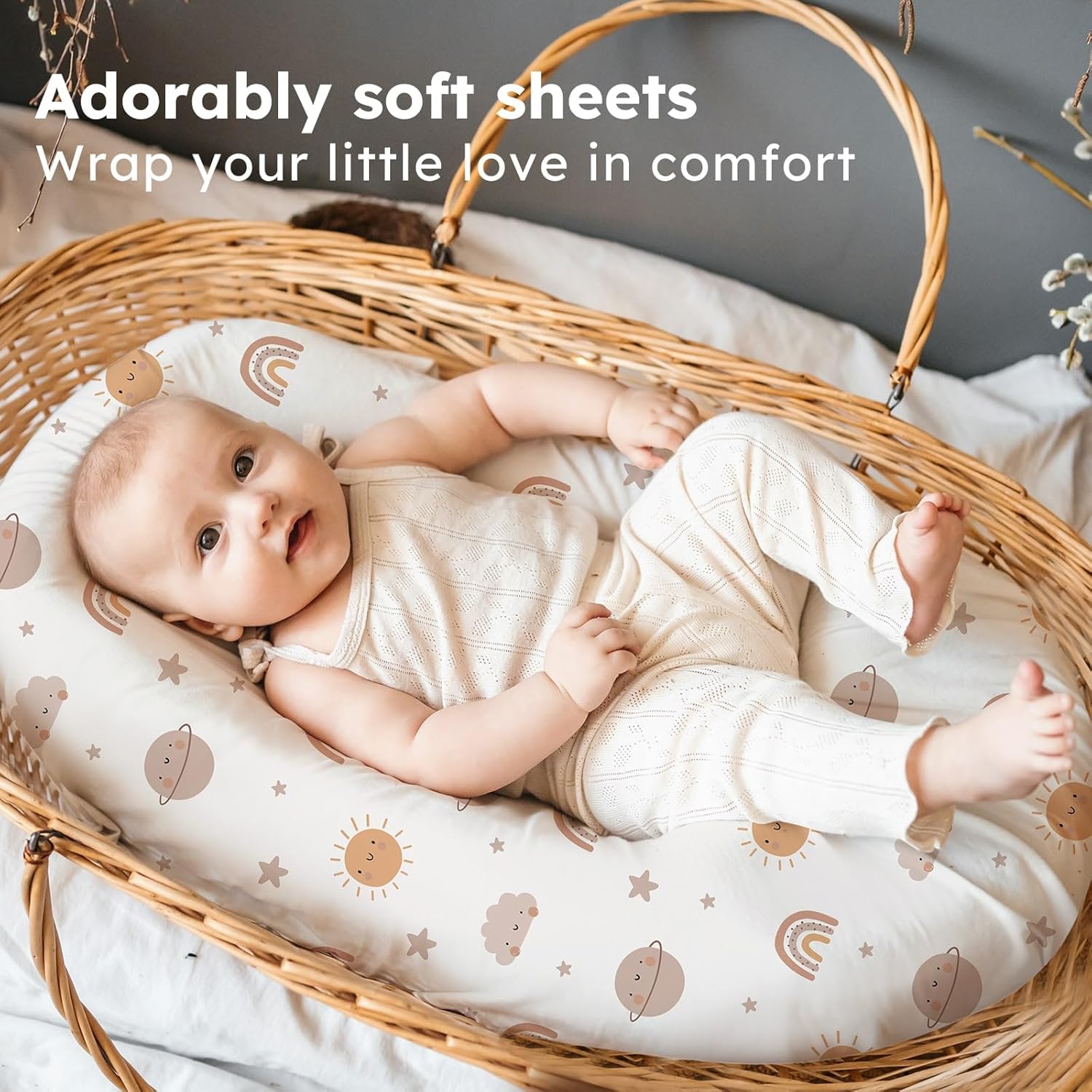Thumbnail 4 de FIEMOL Baby Moses Basket Sheets – 81x41 cm, 3‑Pack Fitted Pram Sheets (Orange Sun Rainbow)