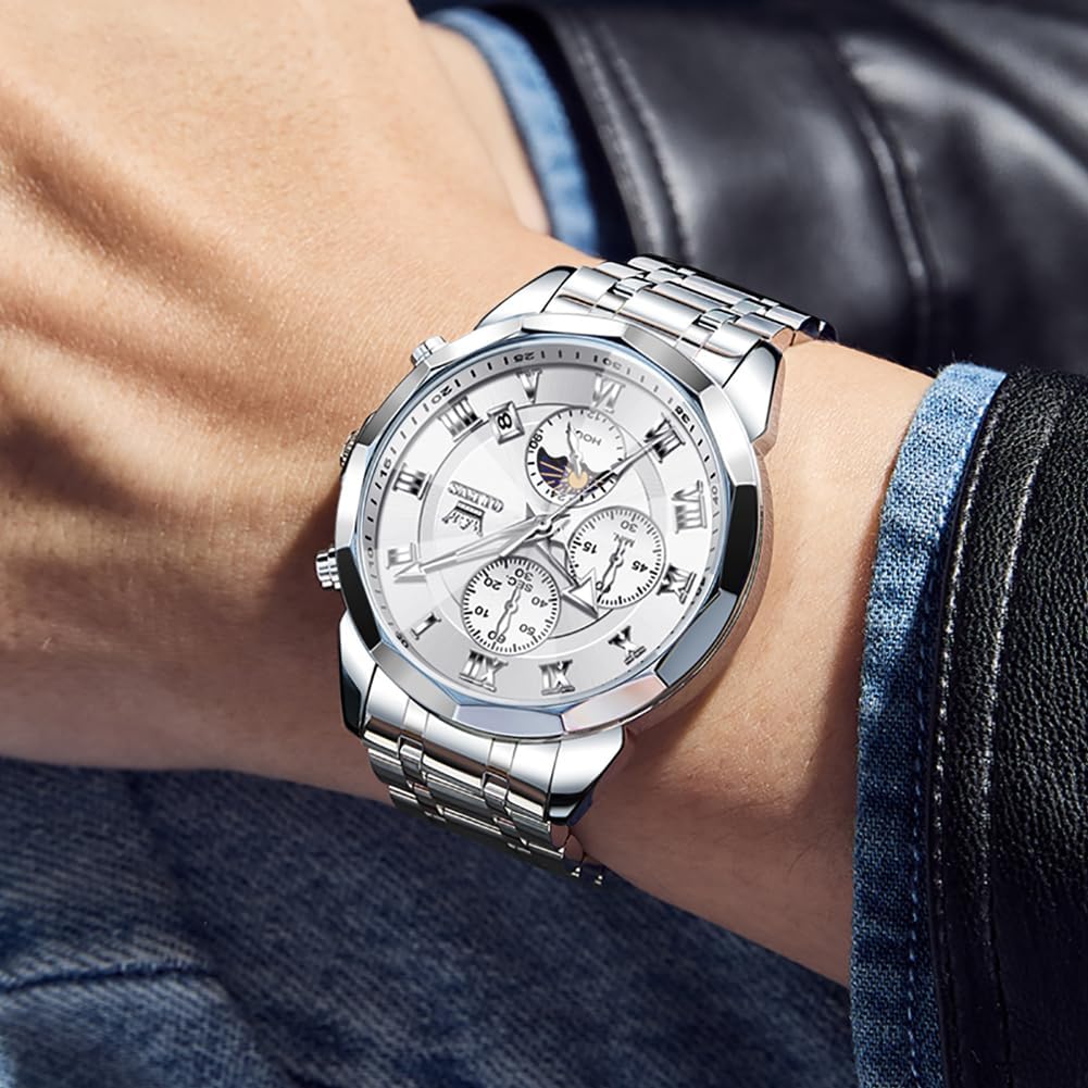 Thumbnail 3 de OLEVS Herren-Uhr Quarz Luxus Multifunktion Chronograph Mondphase Edelstahl