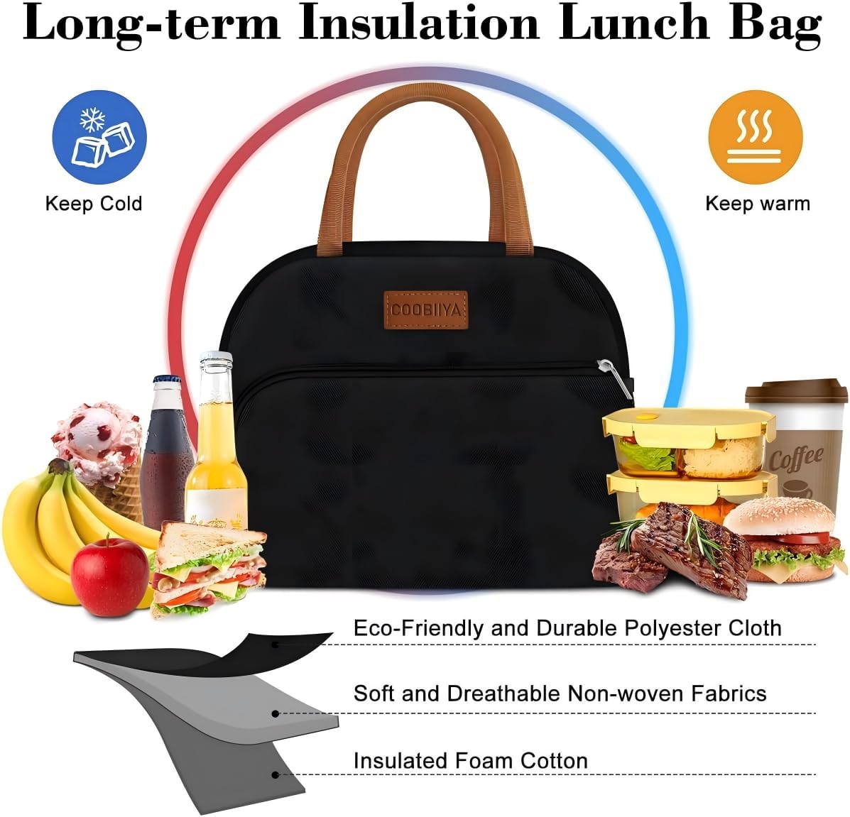 Thumbnail 4 de Coobiiya 10L Insulated Lunch Bag Tote with Leakproof Lining, Reusable Oxford Lunch Box (Black)