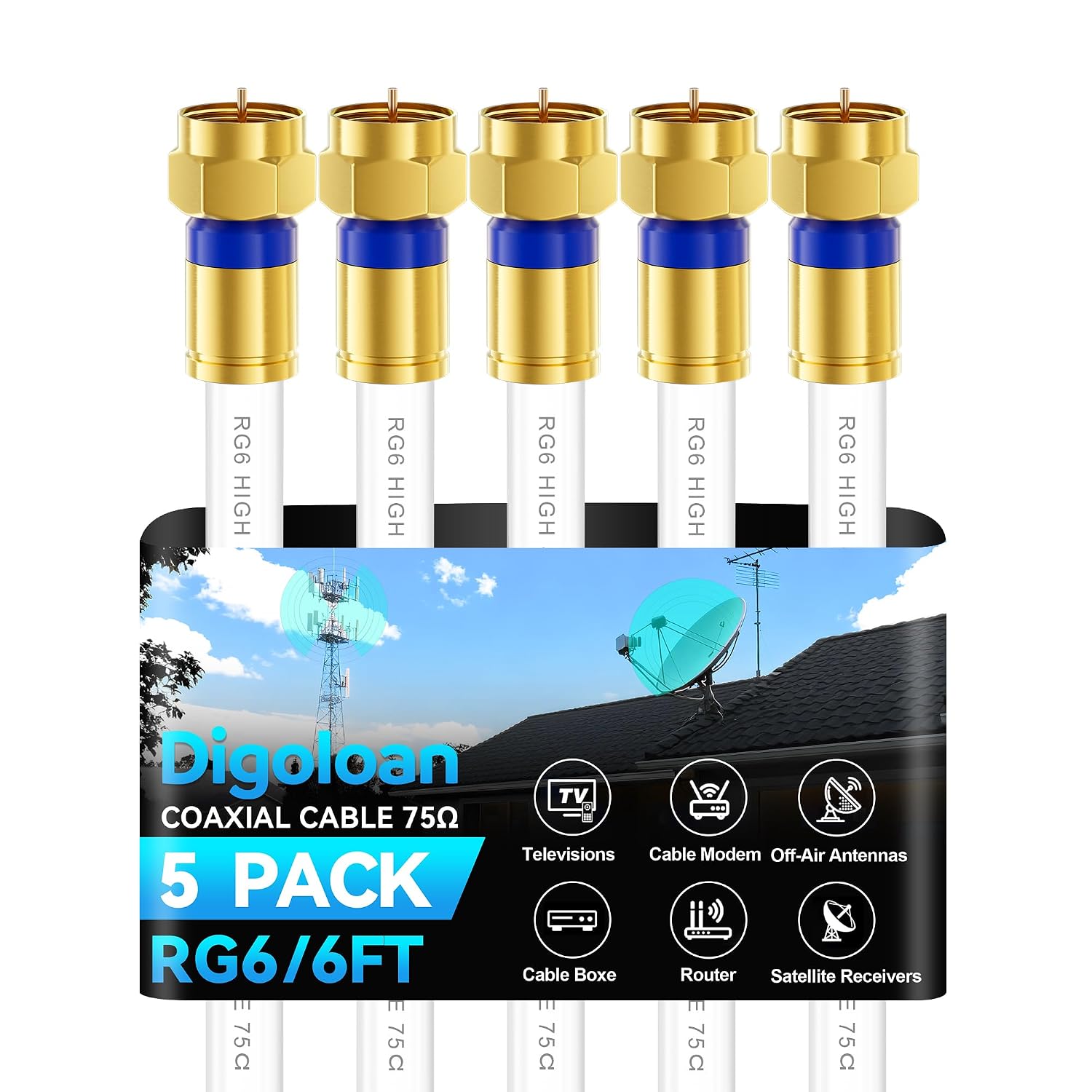 Detalle de Digoloan RG6 Coaxial Cable 6ft (5-Pack) with Gold F-Type Connectors for HD TV, Internet & Satellite