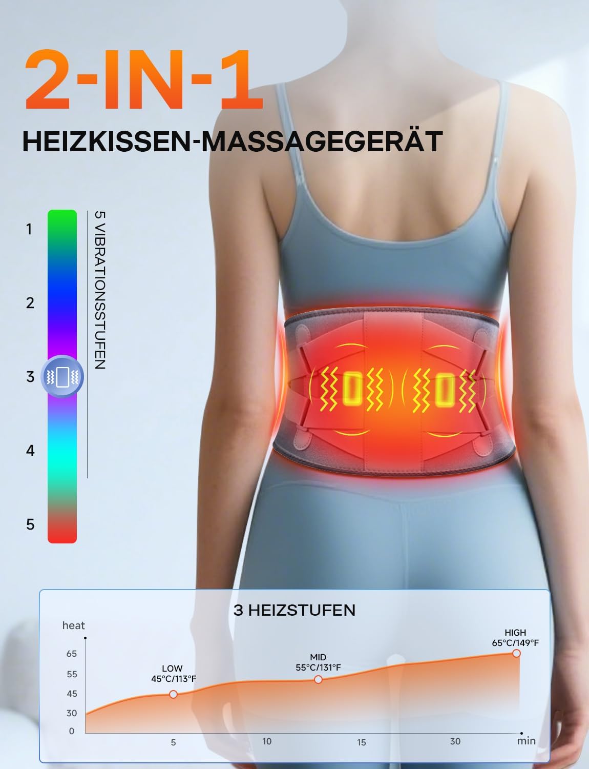 Thumbnail 1 de ALLJOY 170 cm Wärmegürtel für den Rücken mit Heizkissen, kabellosem Massagegerät (5 Vibrationsmodi, 3 Wärmestufen, 5000 mAh)