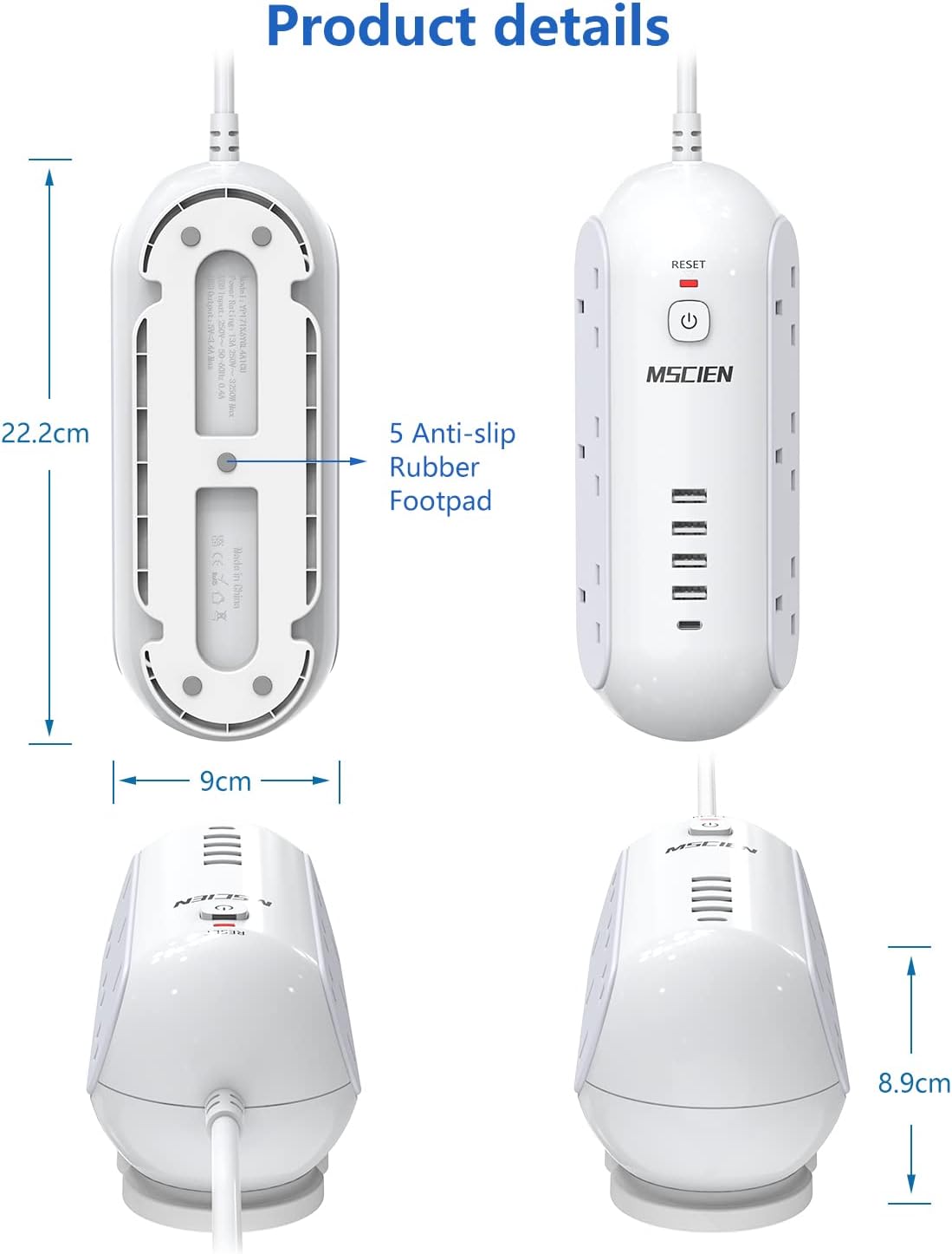 Detalle de Mscien 6-Gang Extension Lead with 3M Cable and 5 USB Ports (Surge Protection up to 3250W)