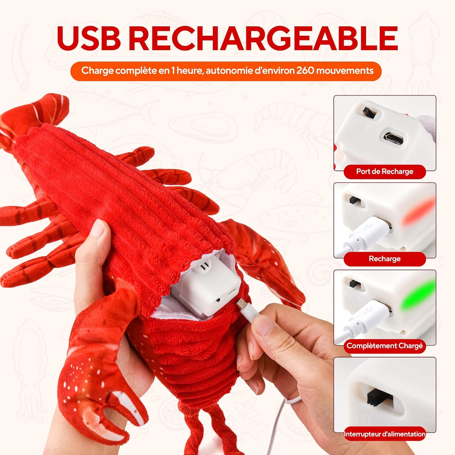 Detalle de LIFLIX Jouet interactif pour Chat - Homard battant des pattes, avec herbe à chat et recharge USB