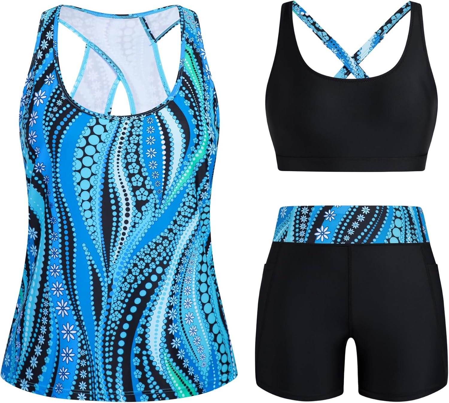Detalle de HUSKARY 3 Piece Tankini Swimsuits for Women: Tankini Top, High-Waist Boyshorts with Pockets