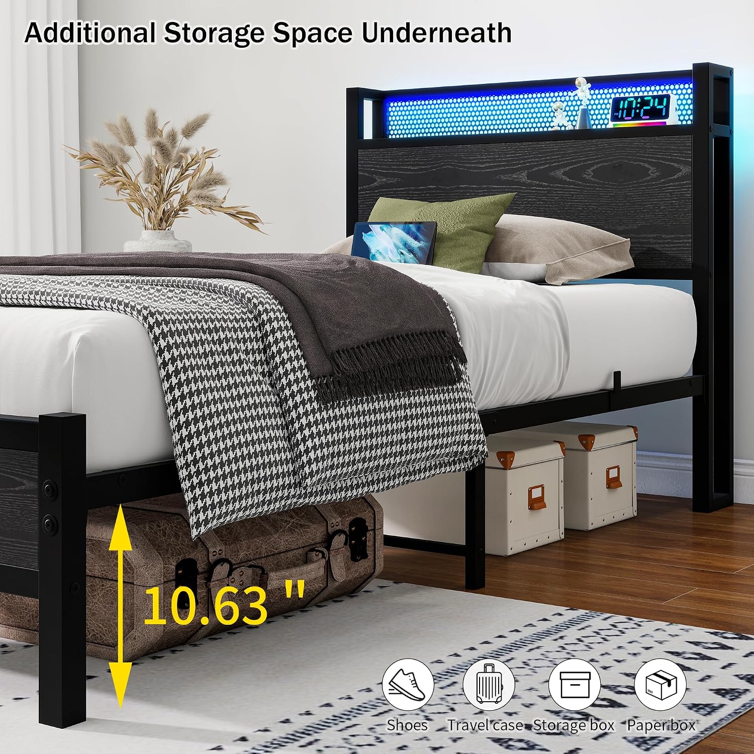 Detalle de Diolong 1012E Twin Bed Frame with RGB LED Lights and USB Charging Station