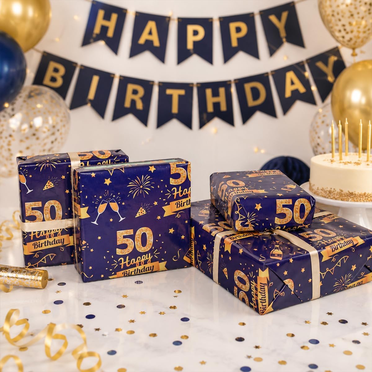 Detalle 2 de 50th Birthday Blue & Gold Wrapping Paper Set with Tags and Ribbons