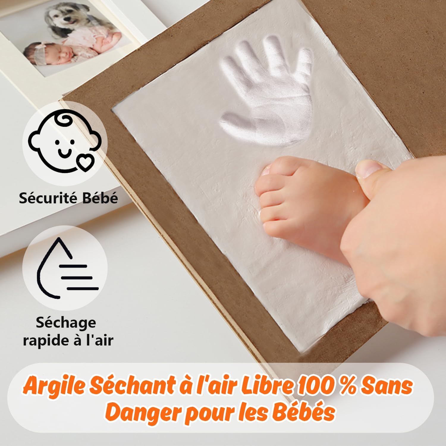 Thumbnail 2 de PewinGo Cadre Empreintes Bébé — Kit d'empreintes pieds et mains personnalisé, cadre photo bois blanc
