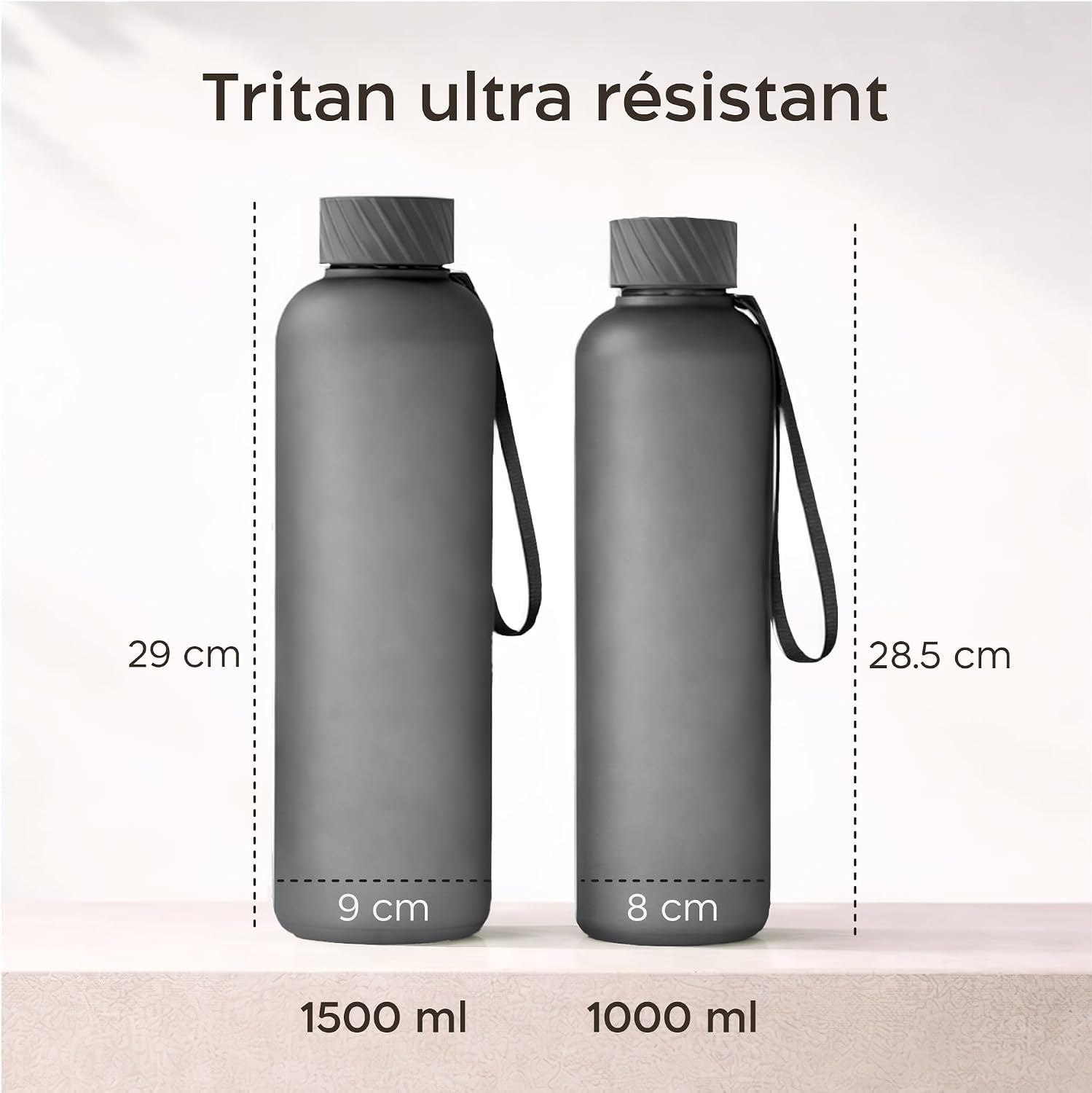 Detalle de Twinzee Gourde 1,5L anti-fuite en Tritan sans BPA, avec dragonne et graduation visible (noir)
