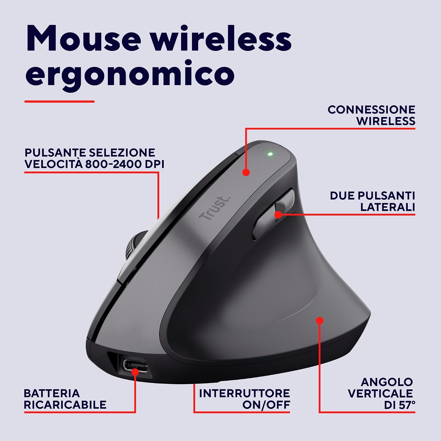 Detalle 2 de Trust Yuno mouse ergonomico 800-2400 DPI 🖱