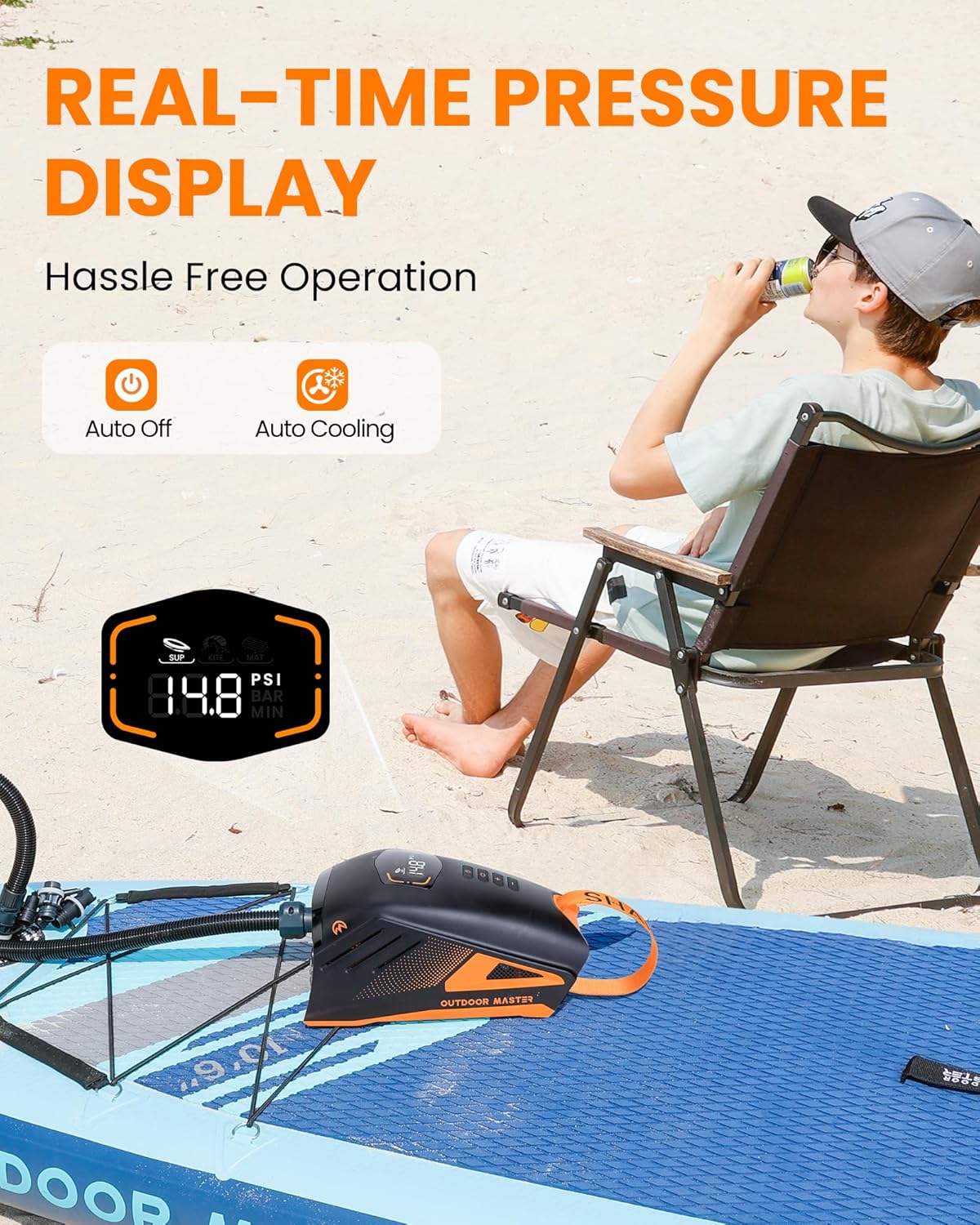Detalle 2 de OutdoorMaster Shark 3 elektrische SUP-Pumpe mit Akku (bis 20 PSI, 3'50" pumpen, Type-C & 12V/15,8V)