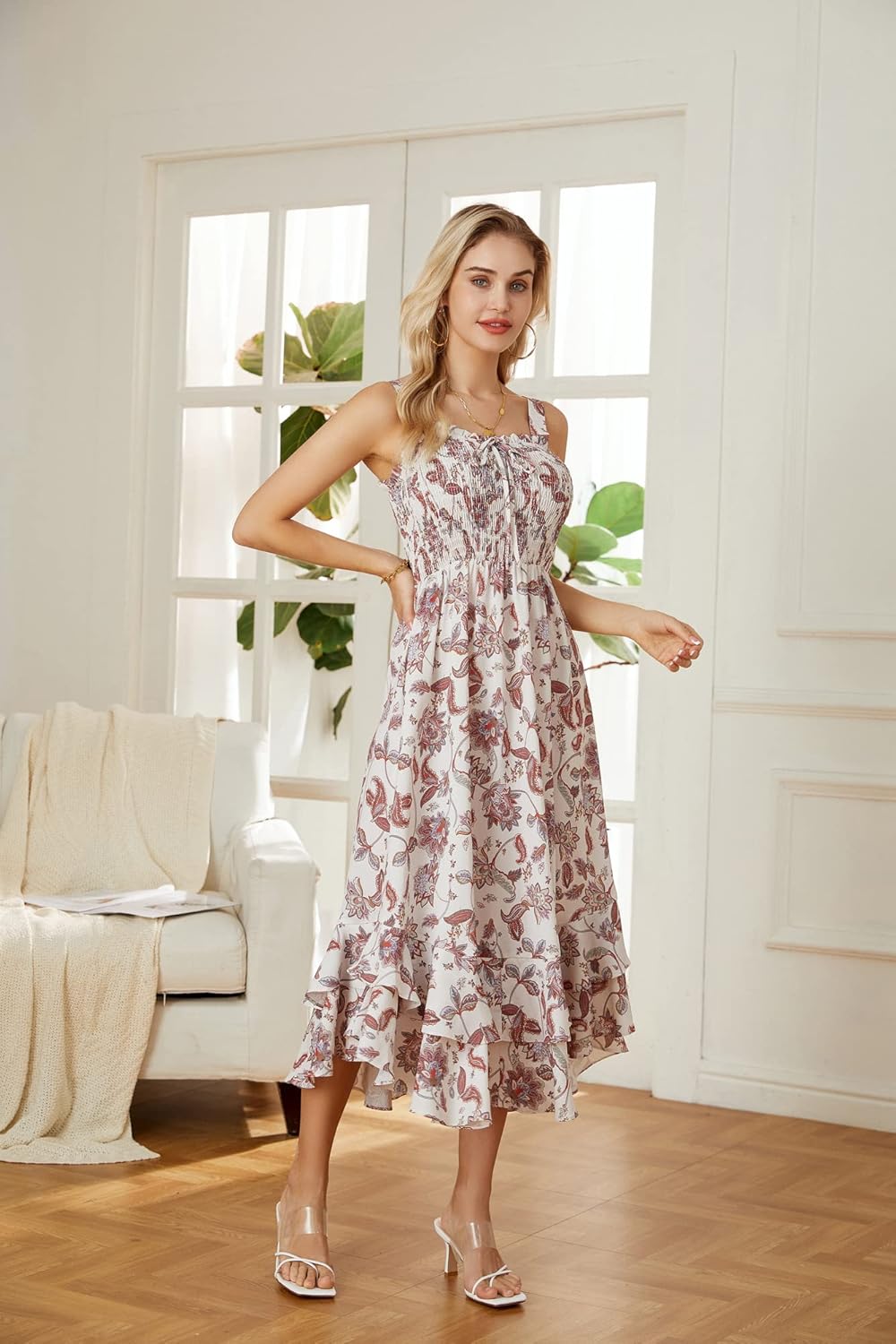 Thumbnail 2 de GRACE KARIN Robe florale à bretelles spaghetti style plage (écru/beige-marron)
